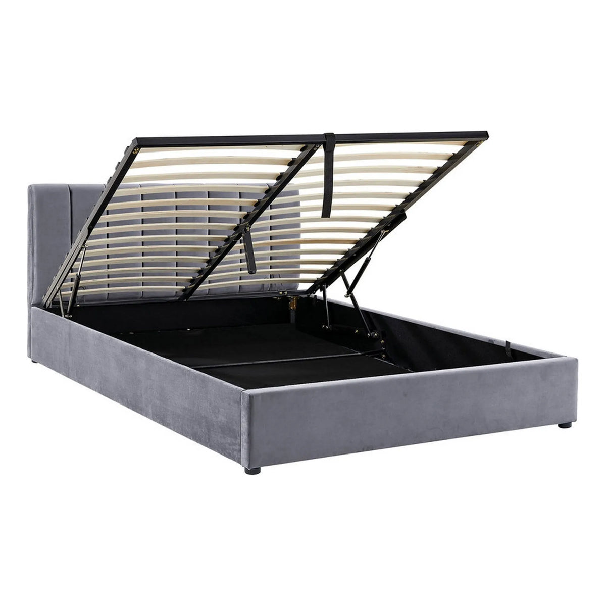 Pat 140 cm MONTREAL, stofa catifelata gri, cu somiera si spatiu depozitare