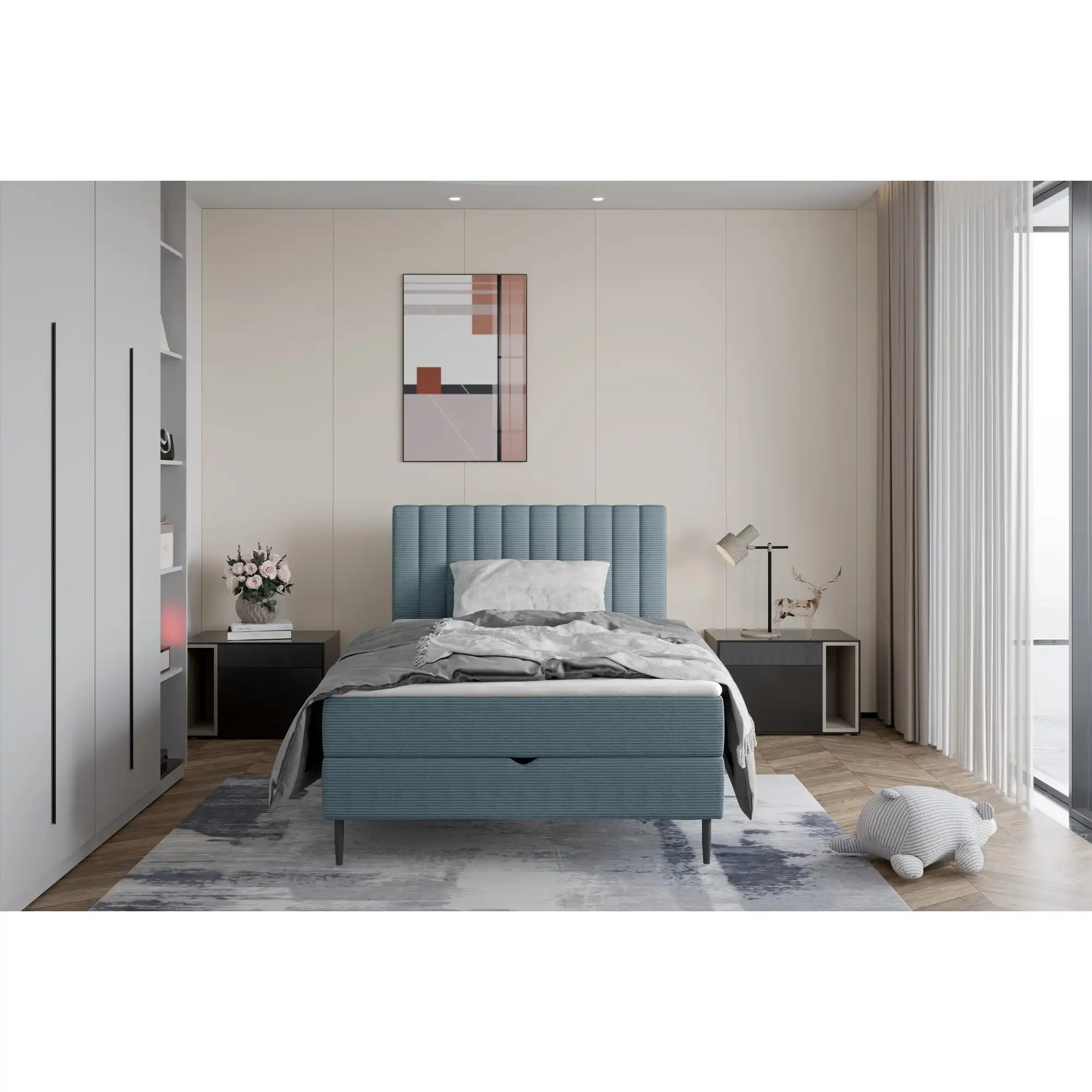 Pat NEPO 120x200, personalizabil materiale gama Oferta Avantaj, cu spatiu depozitare, suport saltea, saltea si topper