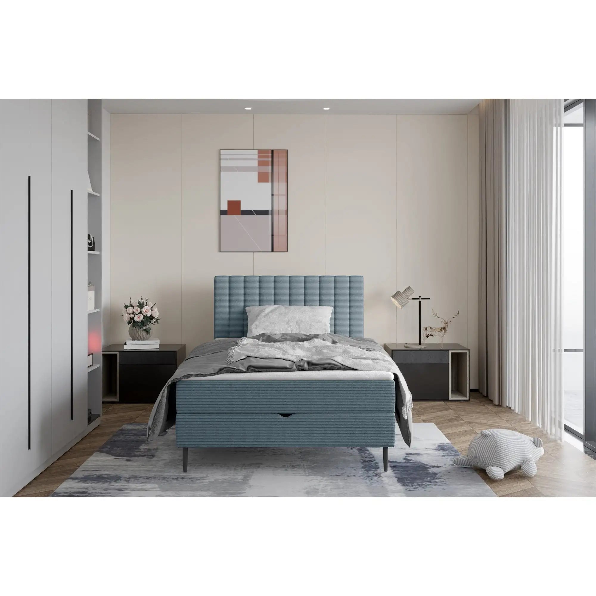 Pat NEPO 120x200, personalizabil materiale Gama Premium, cu spatiu depozitare, suport saltea, saltea, pistoane si topper