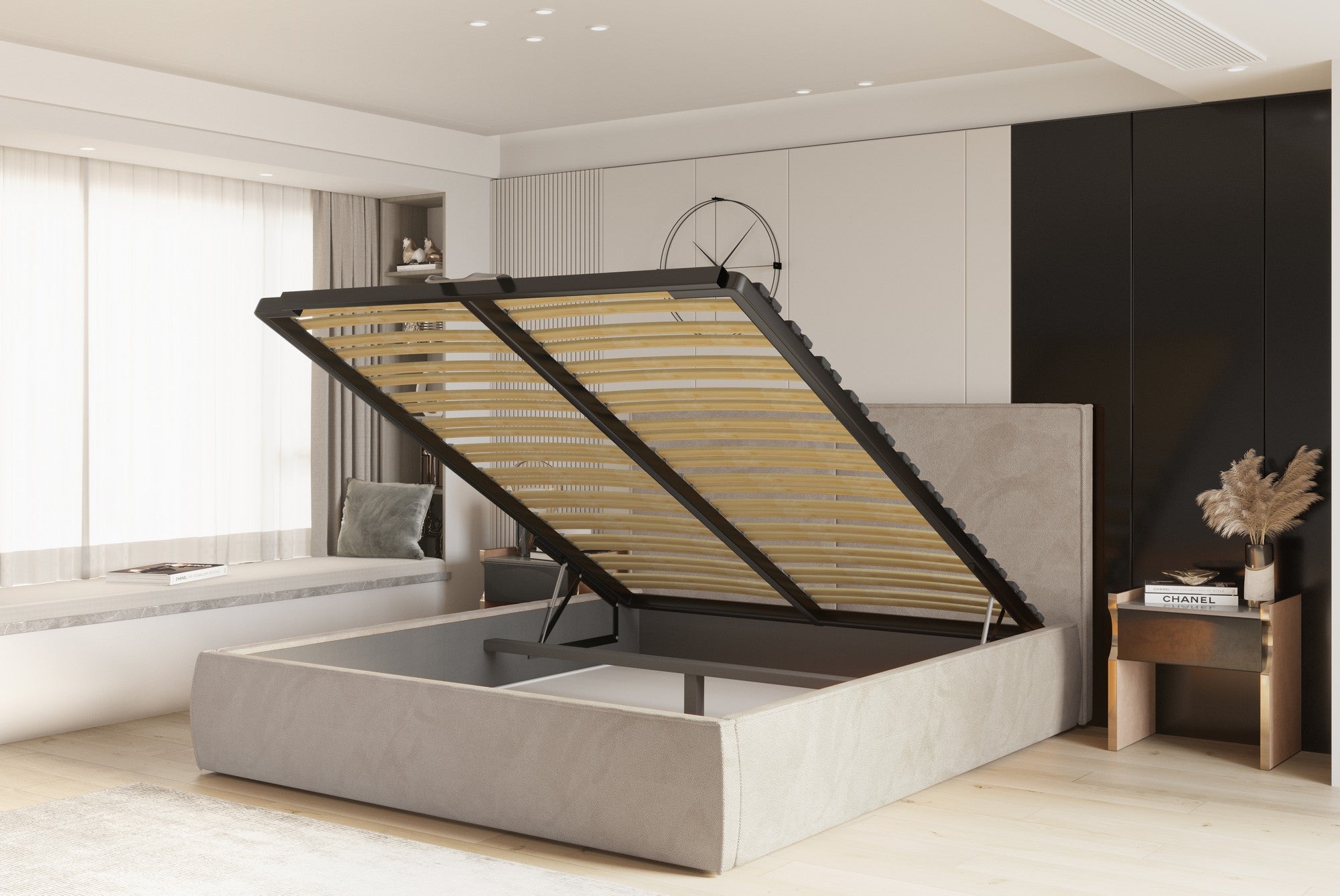 Pat NICOLE 160x200, personalizabil materiale gama Oferta Avantaj, cu somiera metalica, lada depozitare si pistoane