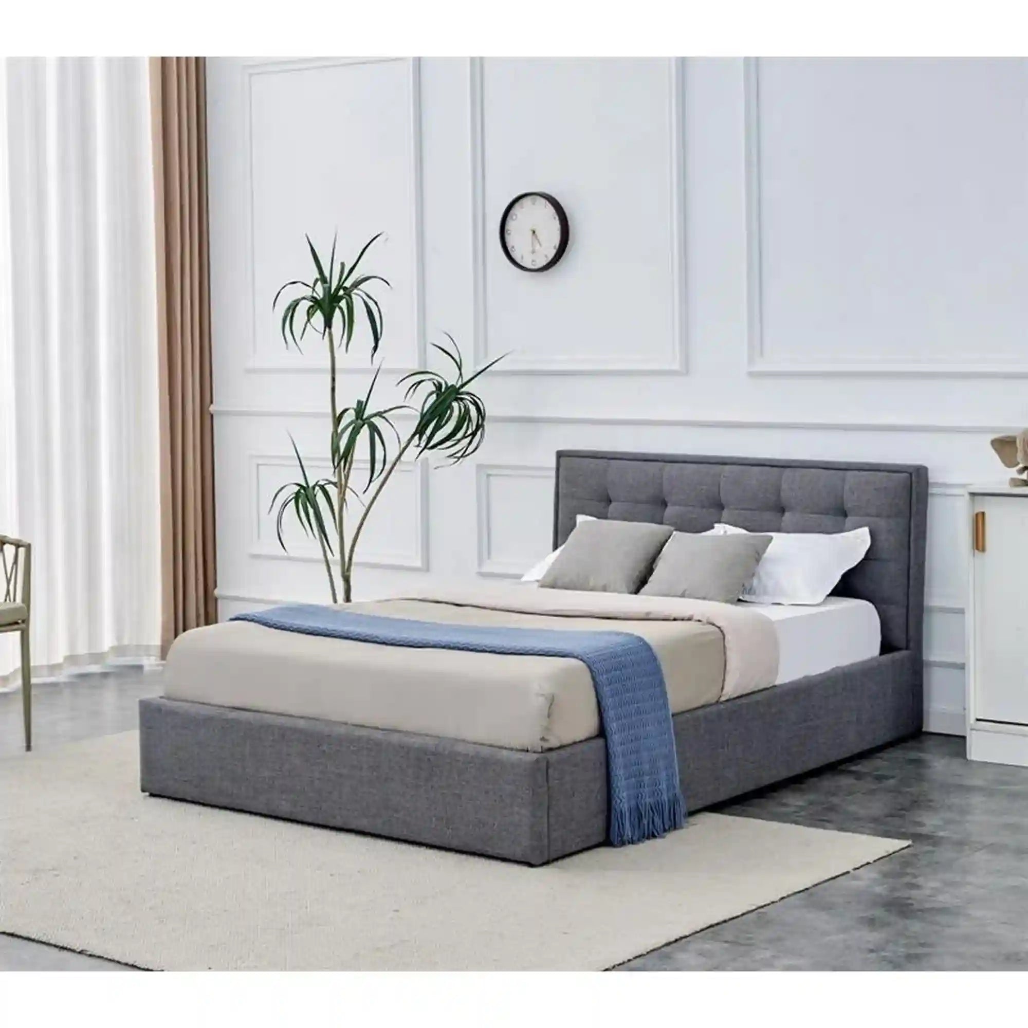 Pat PADVA 140x200, stofa clasica gri, cu somiera si spatiu de depozitare