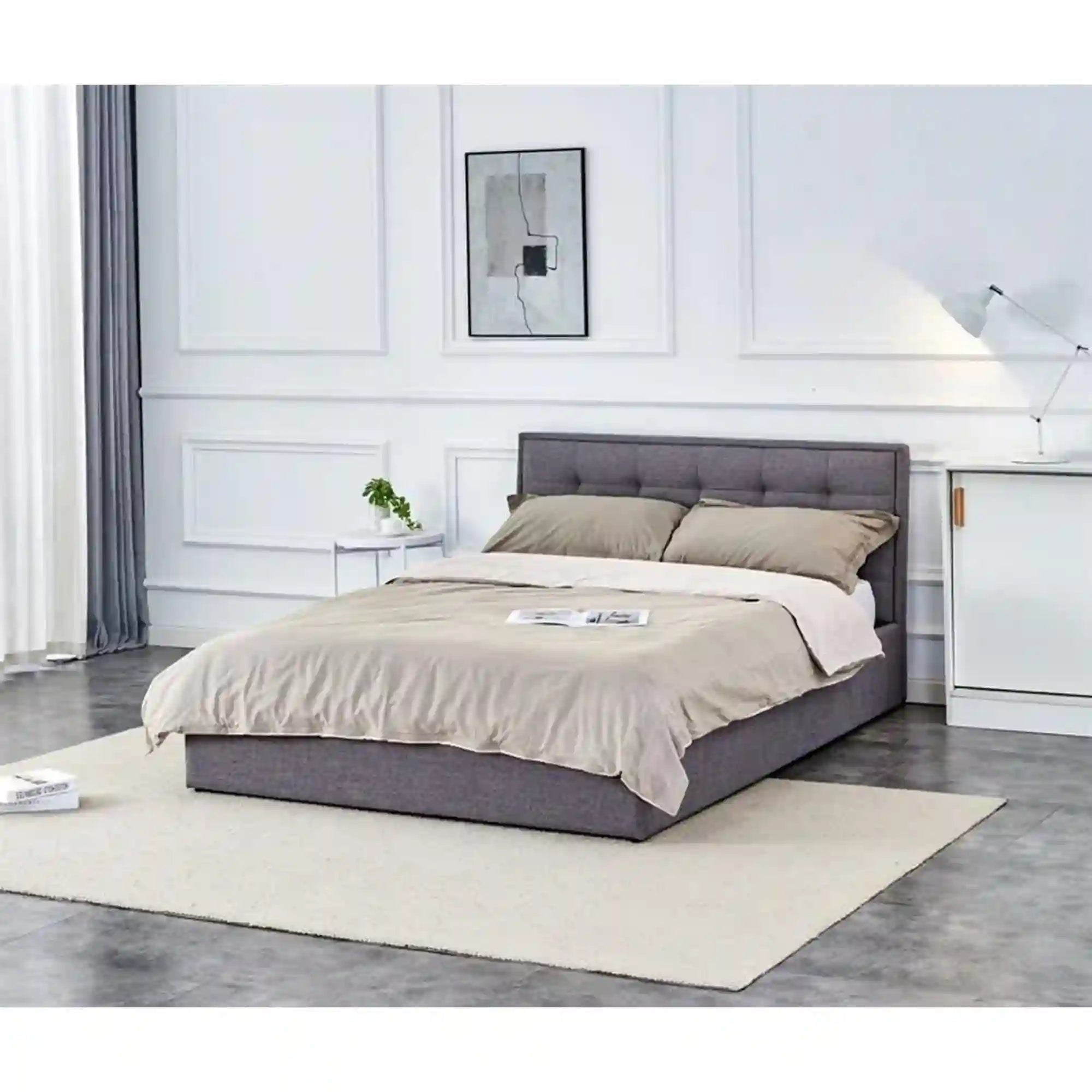 Pat PADVA 140x200, stofa clasica gri, cu somiera si spatiu de depozitare