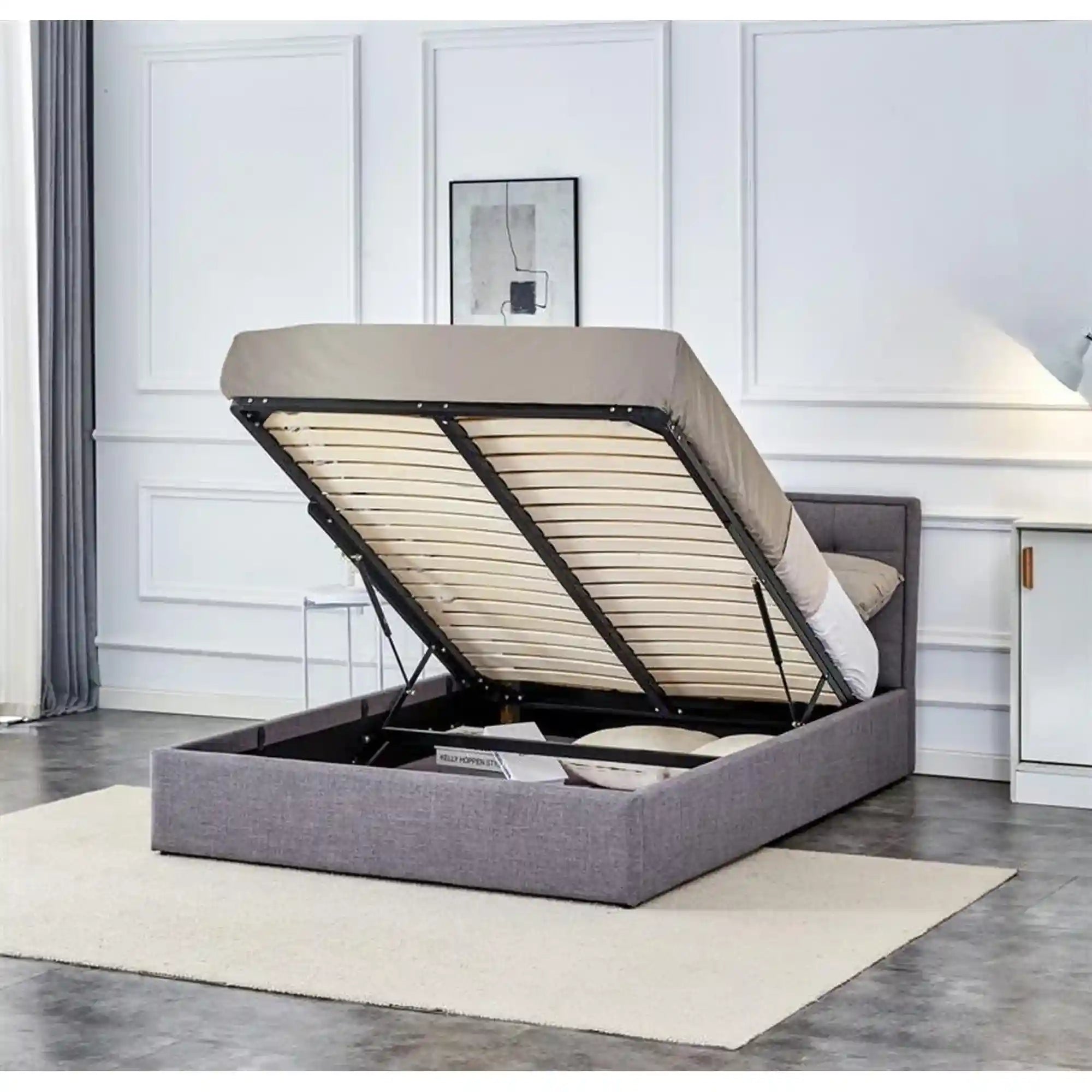 Pat PADVA 140x200, stofa clasica gri, cu somiera si spatiu de depozitare