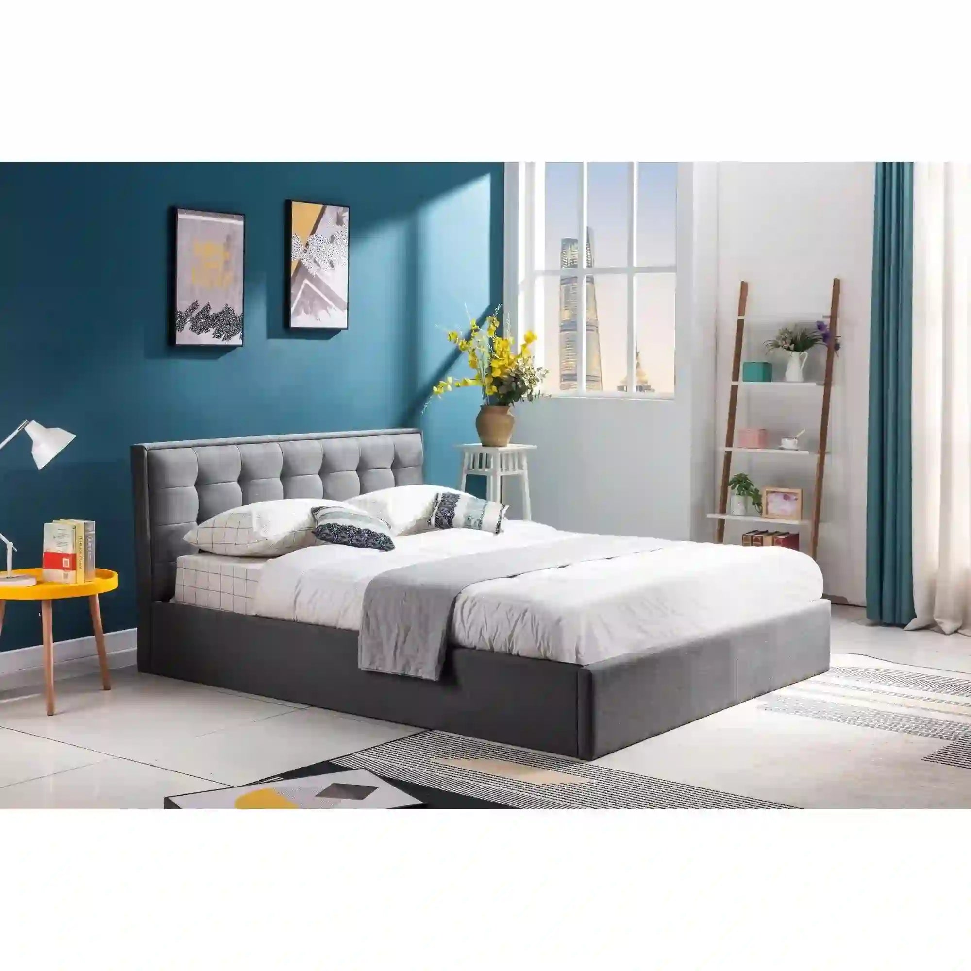 Pat PADVA 160x200, stofa gri, cu somiera si spatiu de depozitare