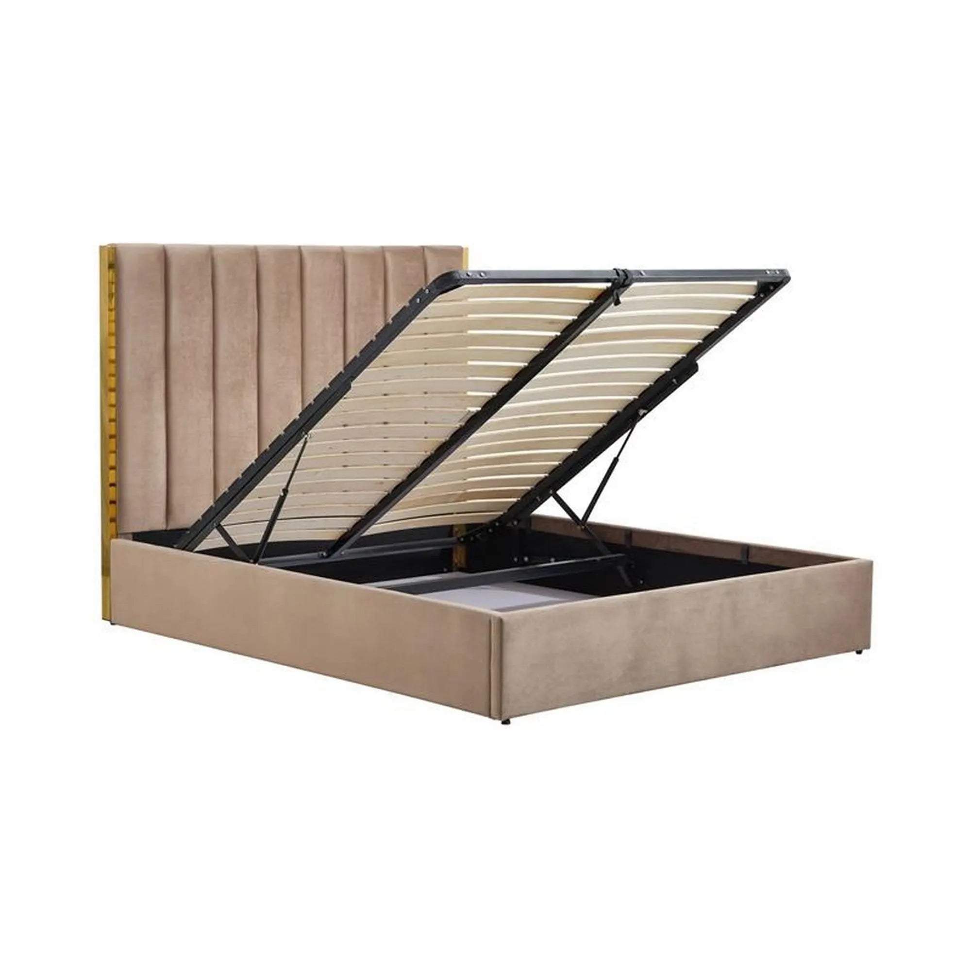 Pat PALAZZO 160x200, stofa catifelata bej/auriu, cu somiera si spatiu depozitare