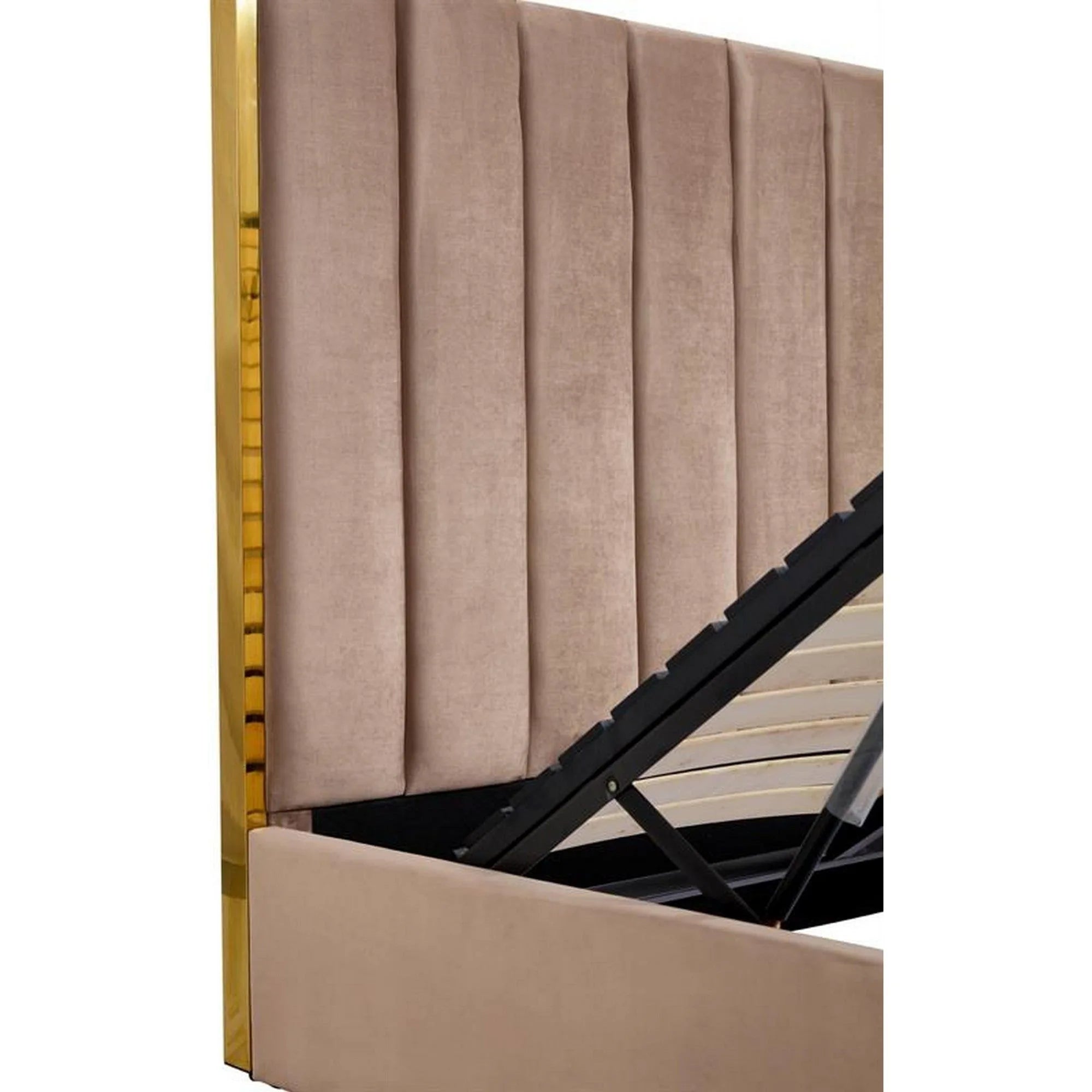 Pat PALAZZO 160x200, stofa catifelata bej/auriu, cu somiera si spatiu depozitare
