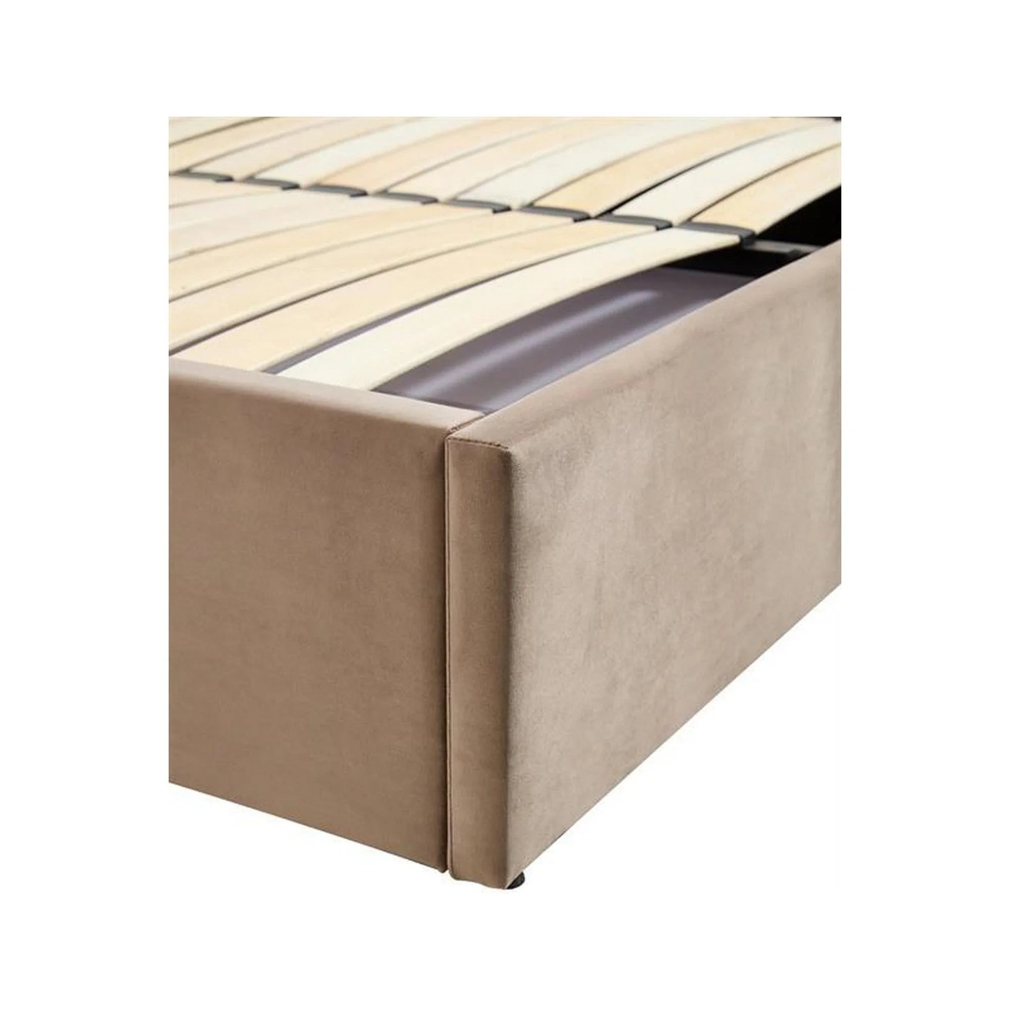 Pat PALAZZO 160x200, stofa catifelata bej/auriu, cu somiera si spatiu depozitare