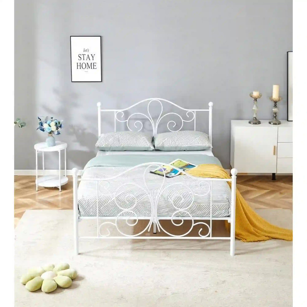 Pat PANAMA 140x200, alb, otel, cu somiera