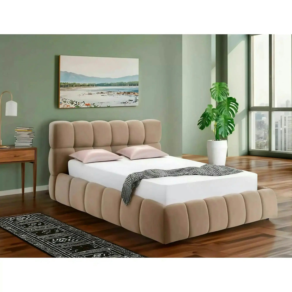 Pat PARMA 160x200, bej închis, stofă catifelată, cu spațiu de depozitare