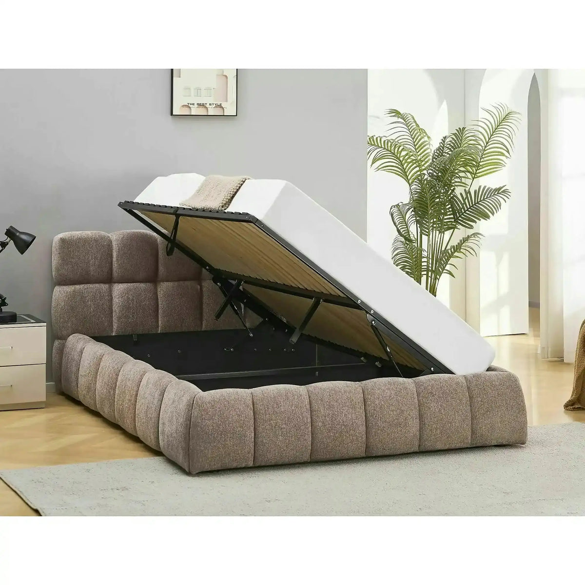 Pat PARMA 160x200, bej închis, stofă, cu spațiu de depozitare