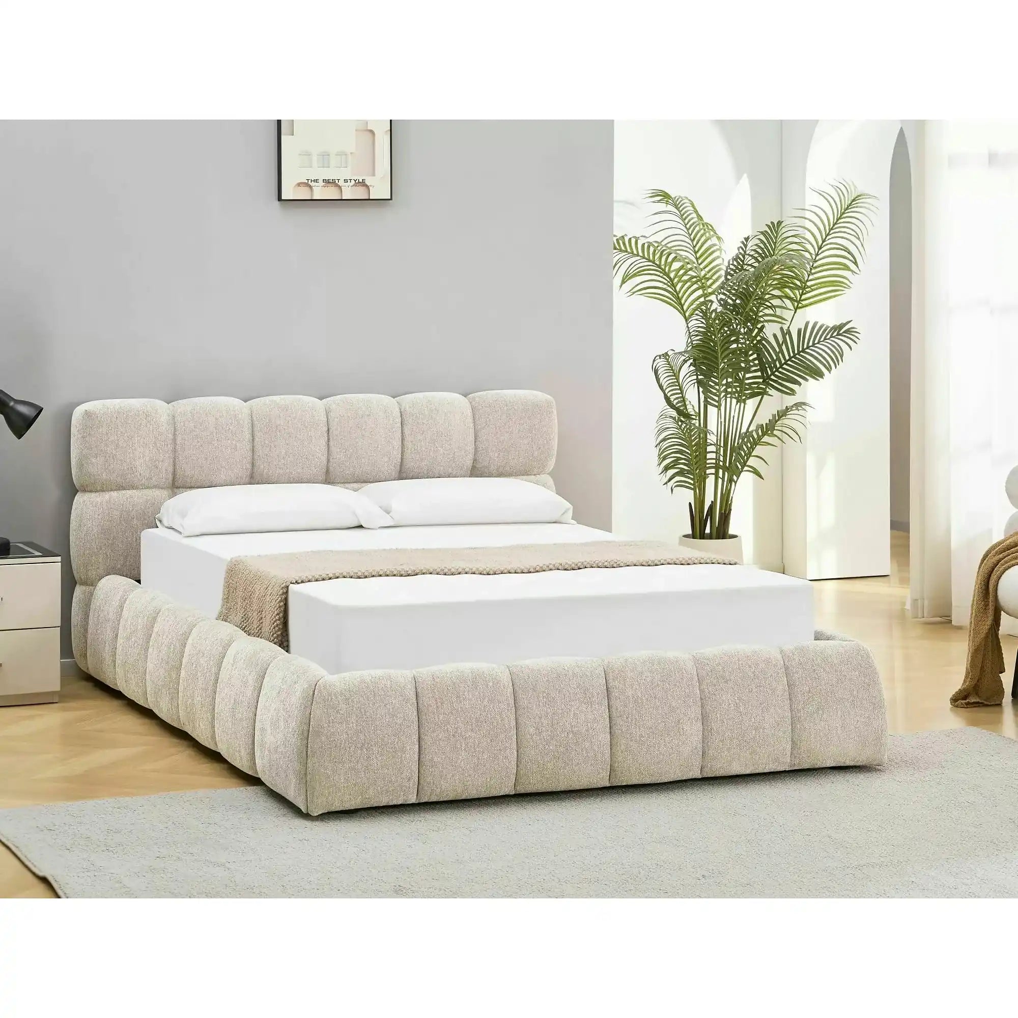 Pat PARMA 160x200, bej, stofă, cu spațiu de depozitare