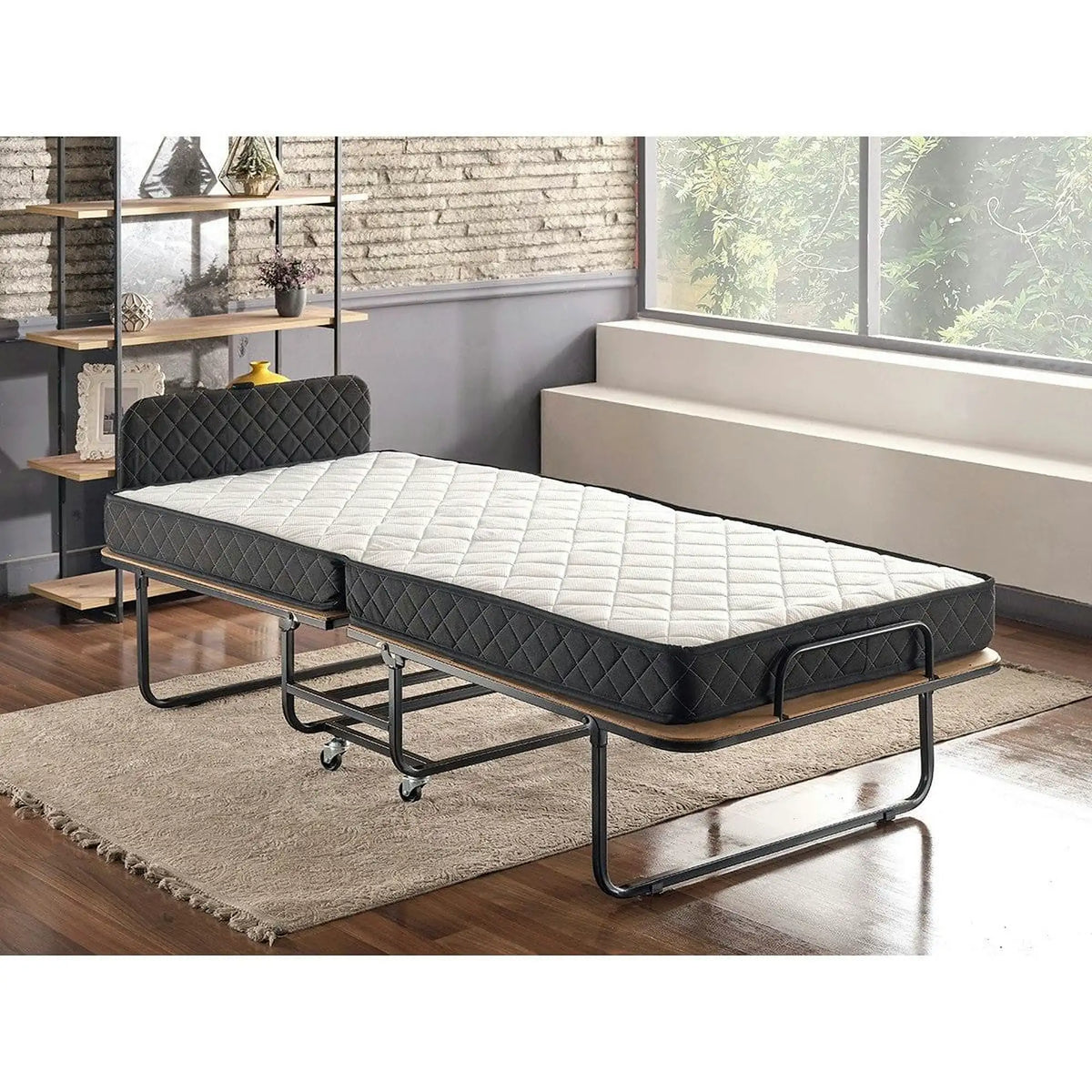 Pat pliabil XL Katlanir 90x200, stejar/negru, placaj/metal, cu saltea si somiera