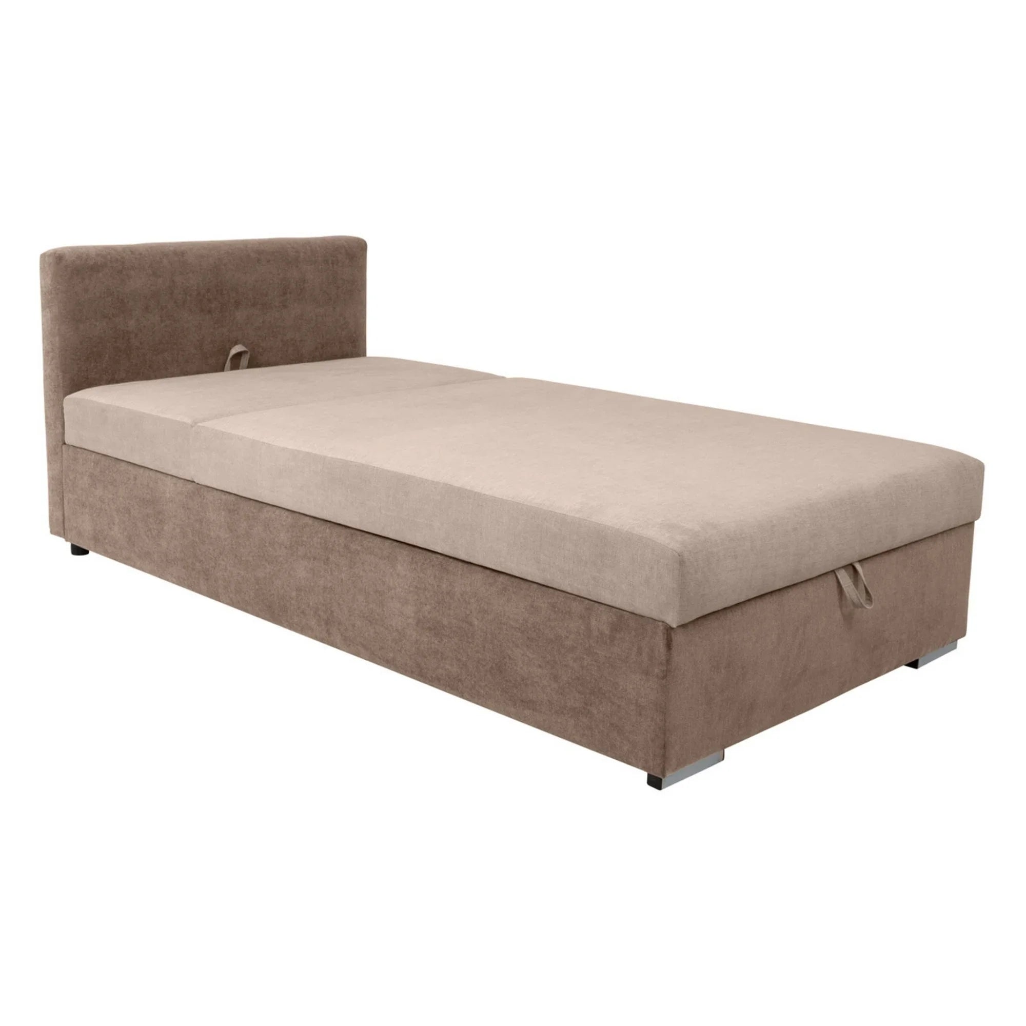 Pat RICO 110x200, stofa catifelata bej - Paros 2, cu saltea, somiera si spatiu depozitare