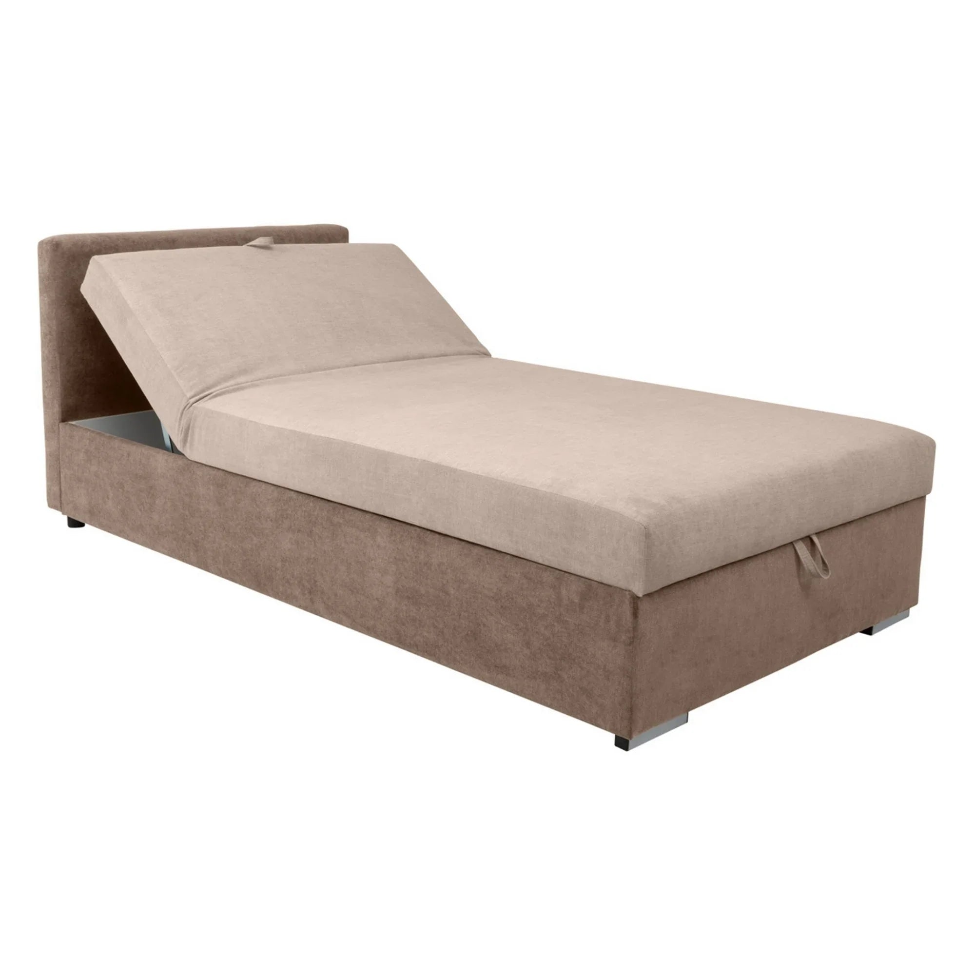 Pat RICO 110x200, stofa catifelata bej - Paros 2, cu saltea, somiera si spatiu depozitare