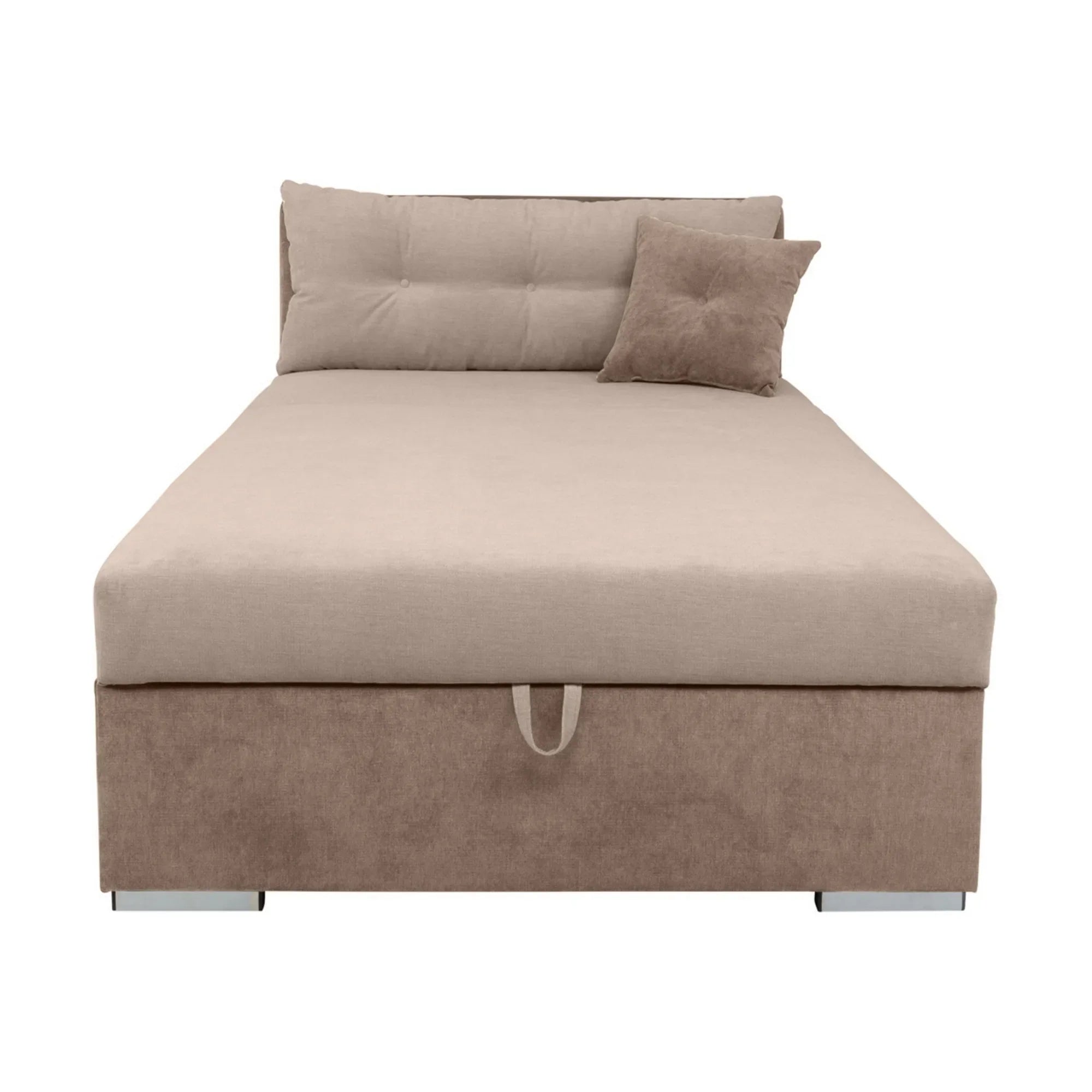 Pat RICO 110x200, stofa catifelata bej - Paros 2, cu saltea, somiera si spatiu depozitare