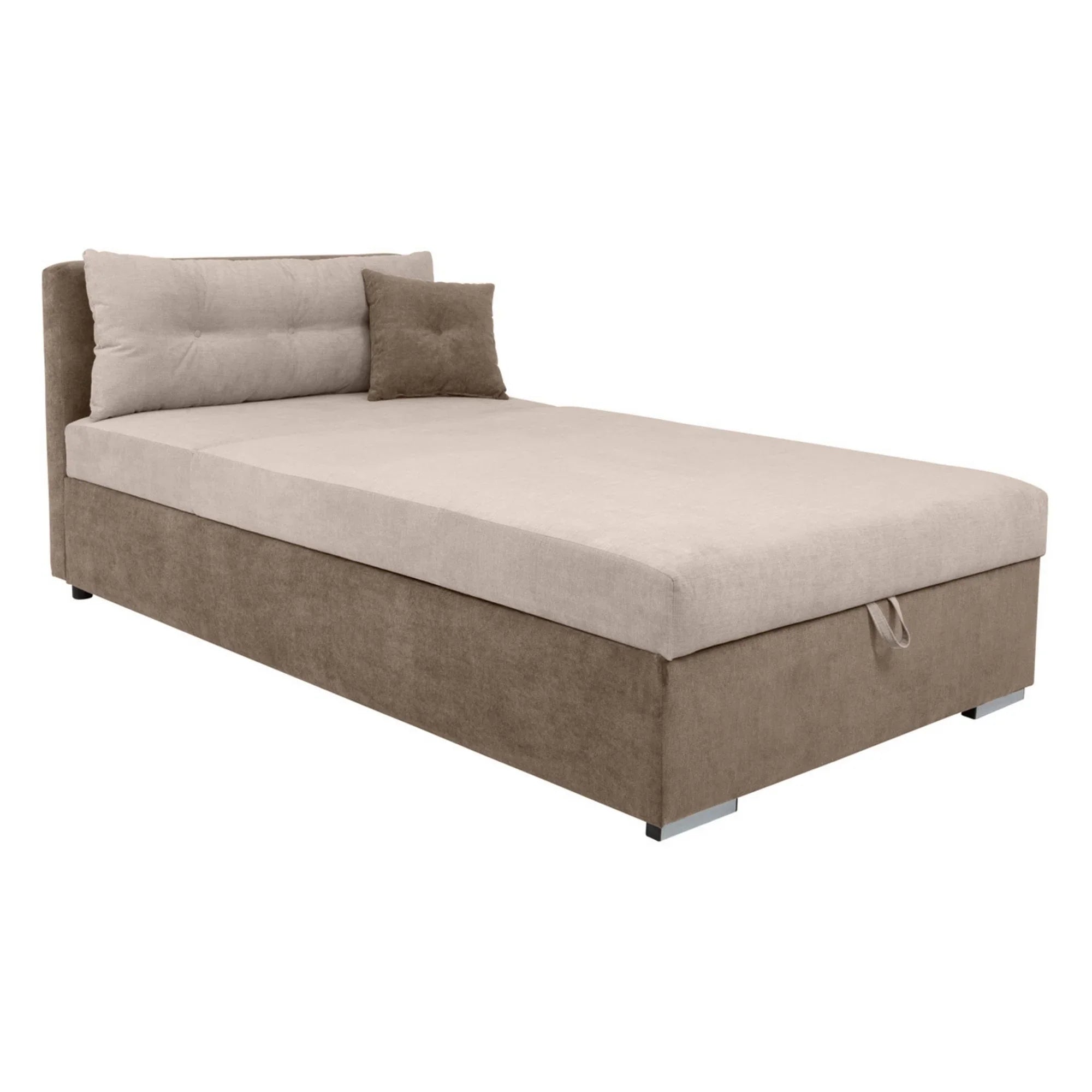 Pat RICO 110x200, stofa catifelata bej - Paros 2, cu saltea, somiera si spatiu depozitare