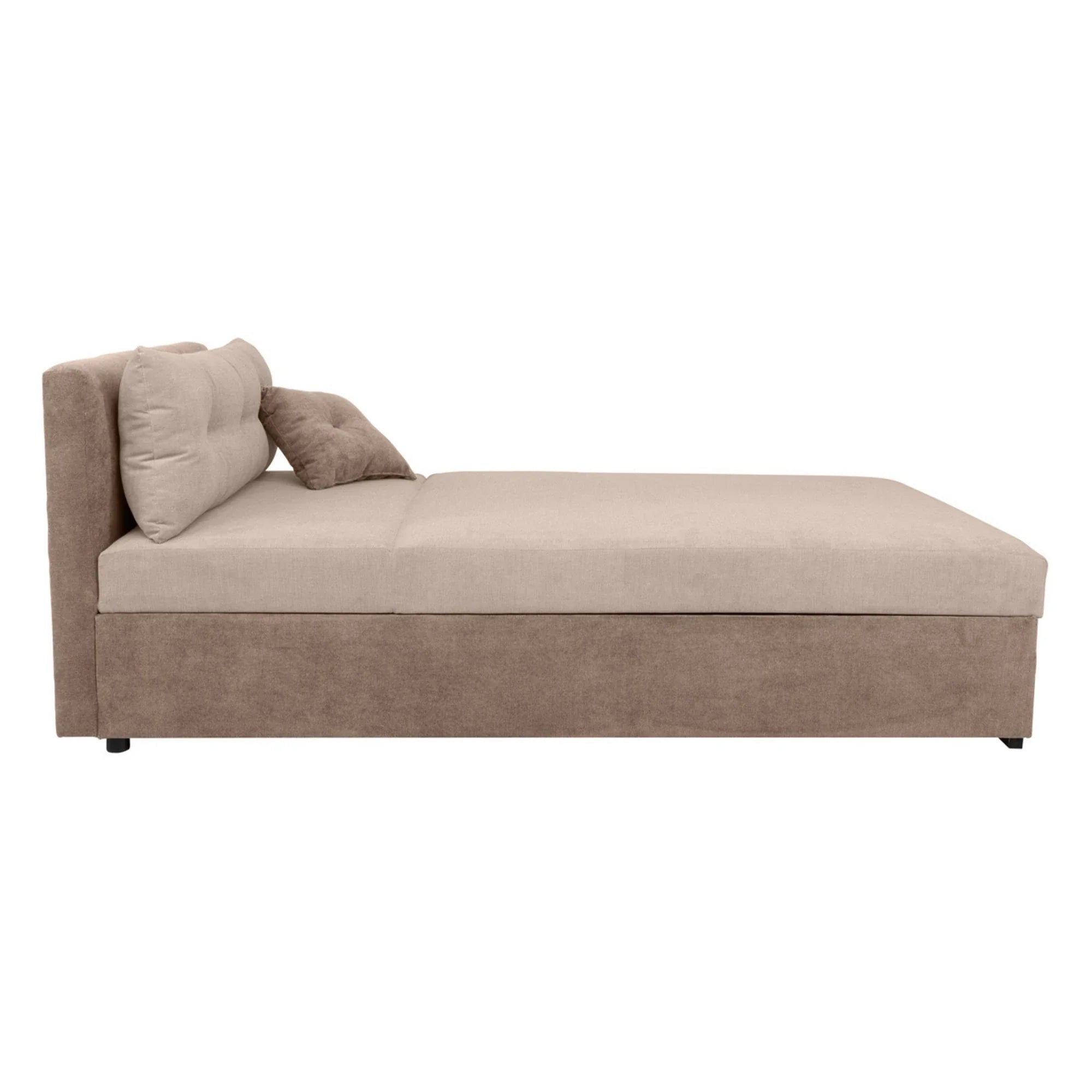 Pat RICO 110x200, stofa catifelata bej - Paros 2, cu saltea, somiera si spatiu depozitare