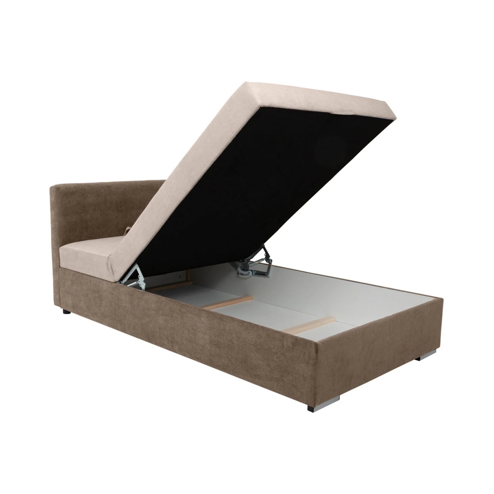 Pat RICO 110x200, stofa catifelata bej - Paros 2, cu saltea, somiera si spatiu depozitare