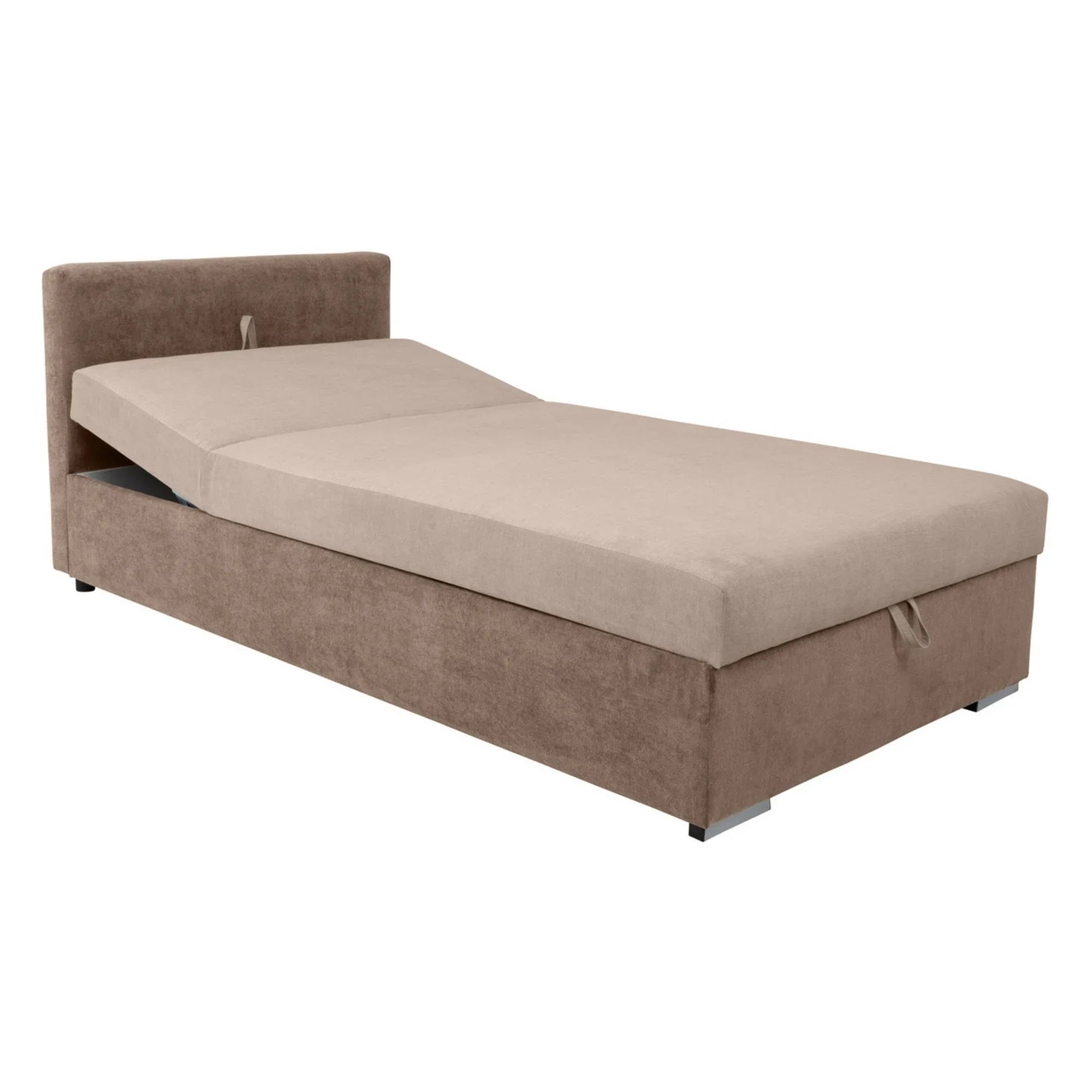 Pat RICO 110x200, stofa catifelata bej - Paros 2, cu saltea, somiera si spatiu depozitare