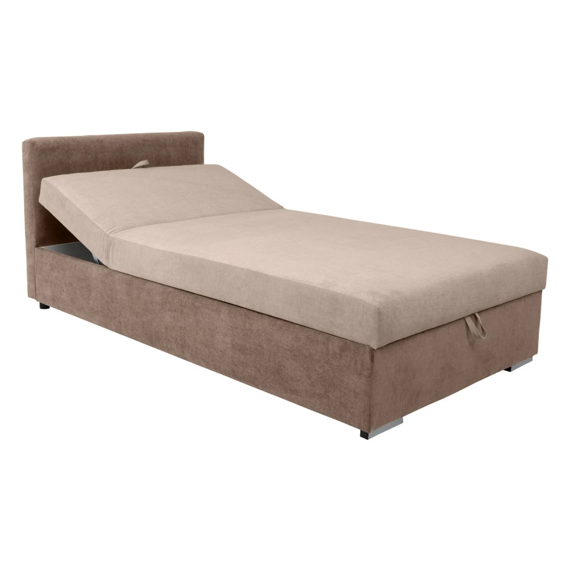 Pat RICO 110x200, stofa catifelata bej - Paros 2, cu saltea, somiera si spatiu depozitare