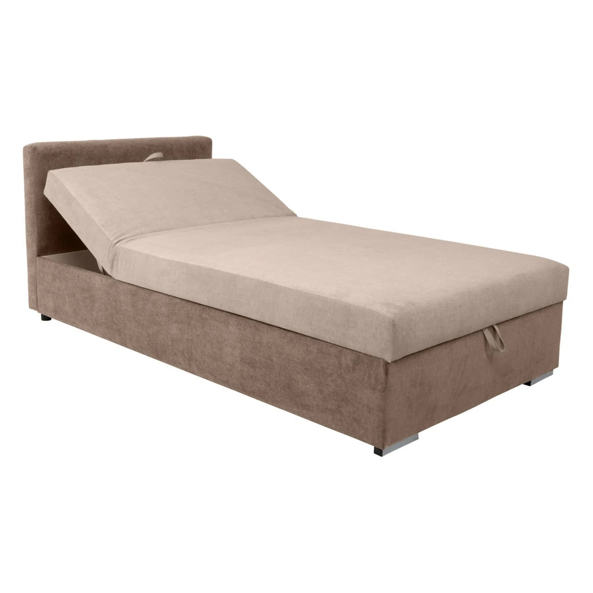 Pat RICO 110x200, stofa catifelata bej - Paros 2, cu saltea, somiera si spatiu depozitare