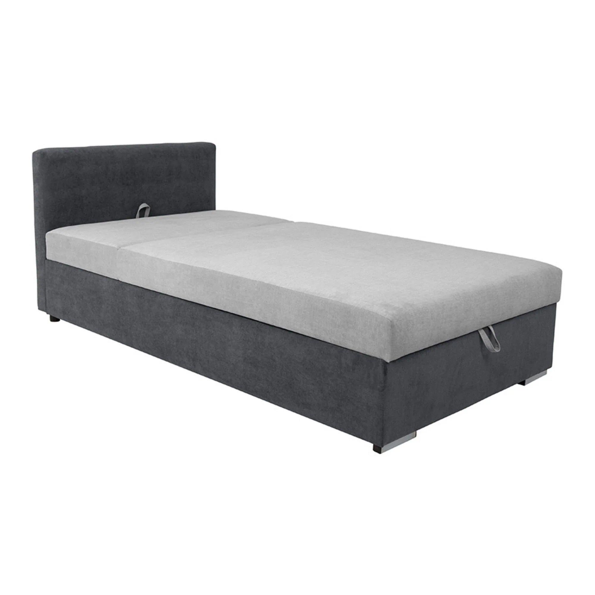 Pat RICO 110x200, stofa catifelata gri - Matricea 17, cu saltea, somiera si spatiu depozitare