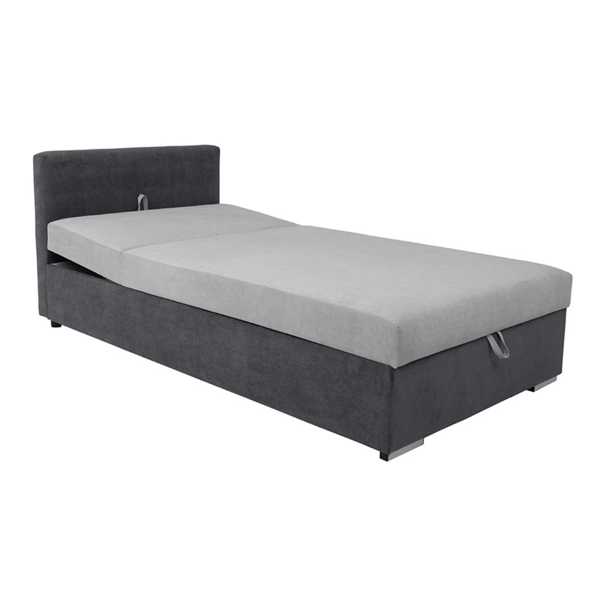 Pat RICO 110x200, stofa catifelata gri - Matricea 17, cu saltea, somiera si spatiu depozitare