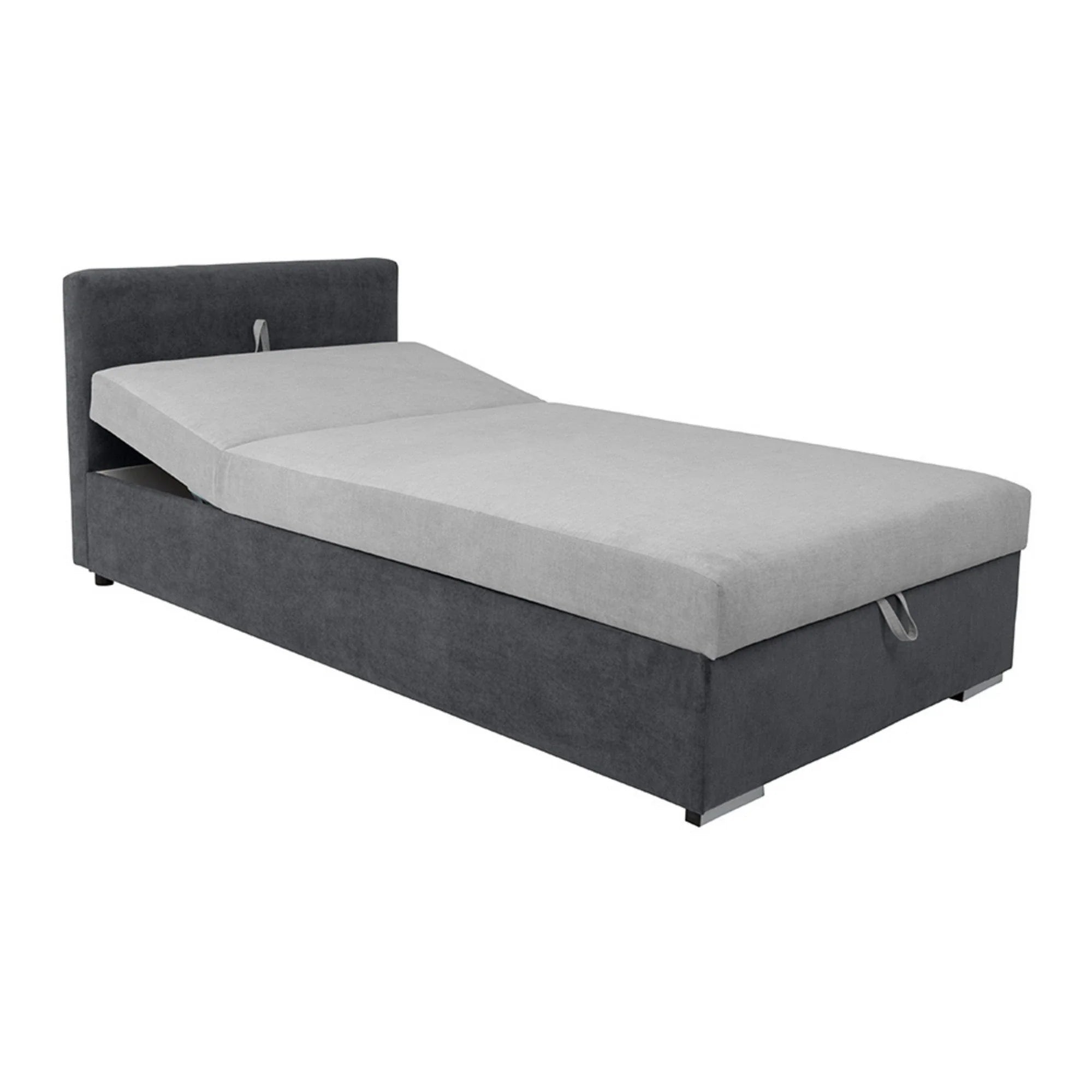 Pat RICO 110x200, stofa catifelata gri - Matricea 17, cu saltea, somiera si spatiu depozitare
