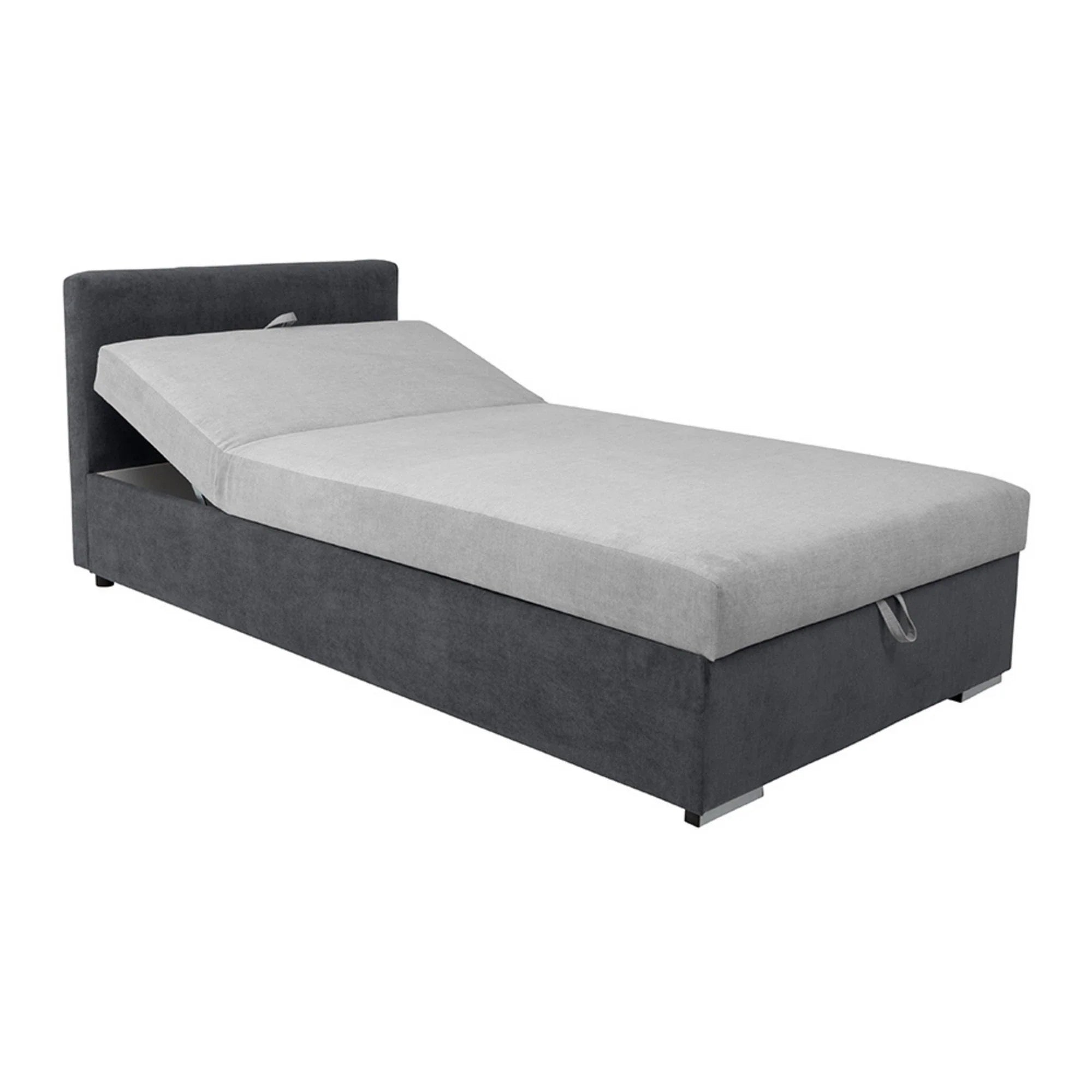 Pat RICO 110x200, stofa catifelata gri - Matricea 17, cu saltea, somiera si spatiu depozitare