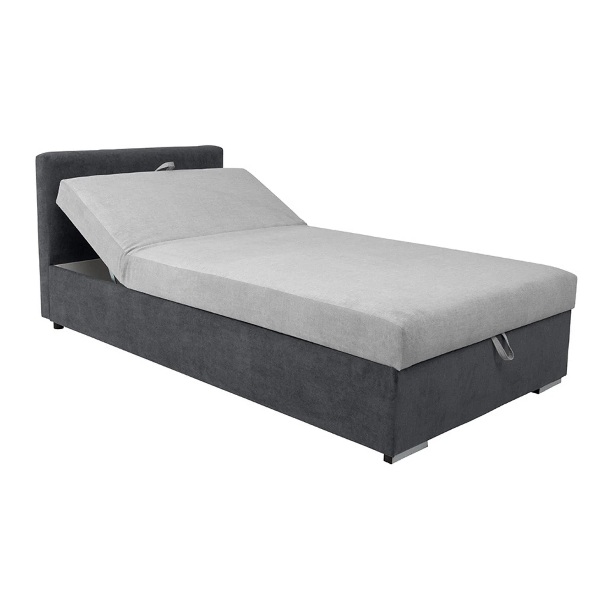 Pat RICO 110x200, stofa catifelata gri - Matricea 17, cu saltea, somiera si spatiu depozitare