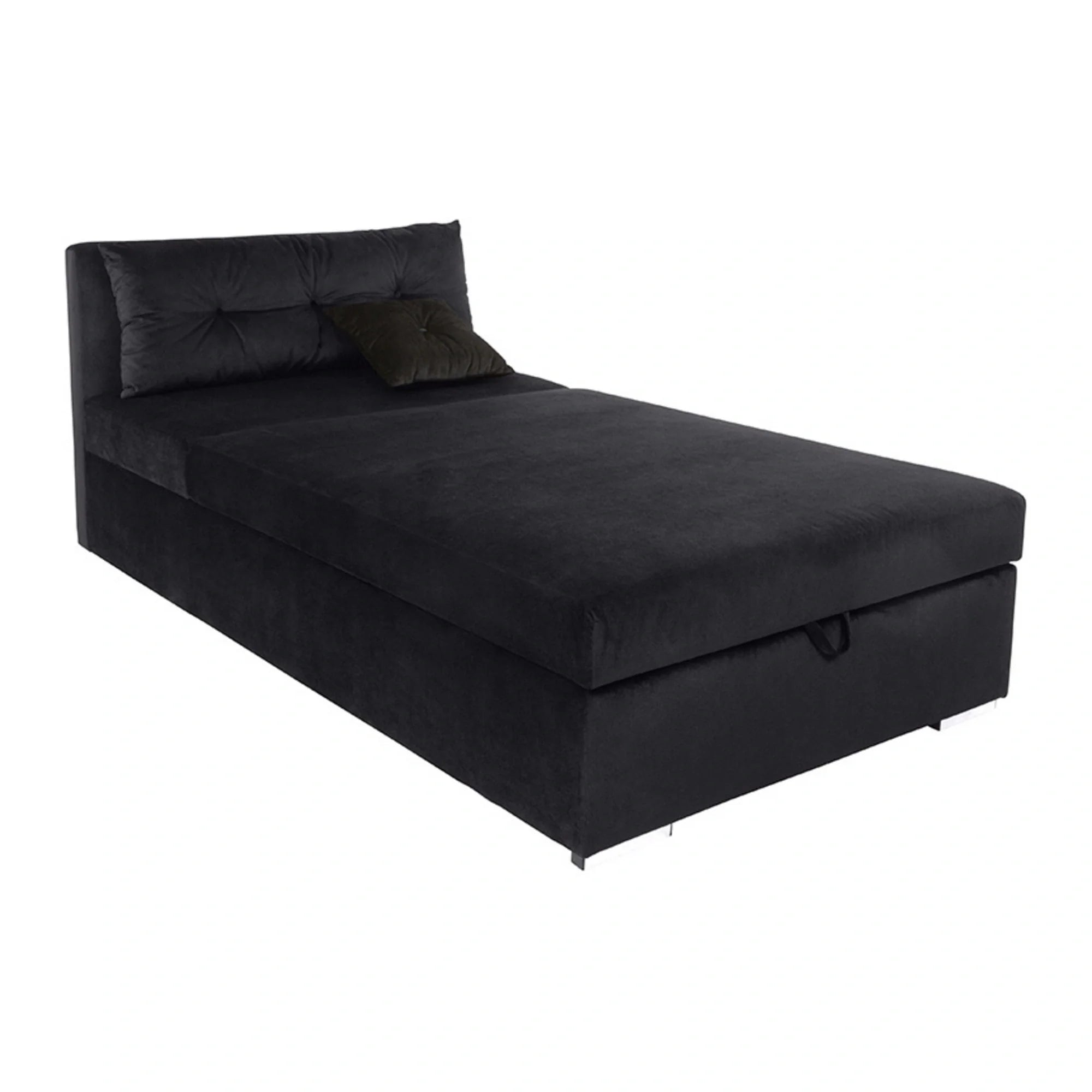 Pat RICO 110x200, stofa catifelata negru - Kronos 7, cu saltea, somiera si spatiu depozitare