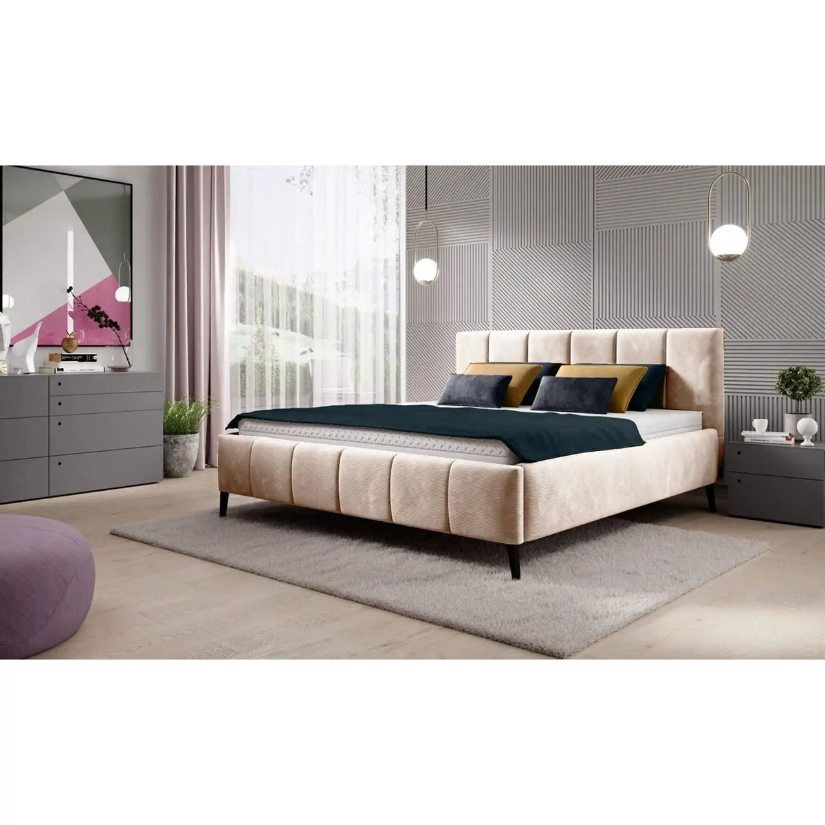 Pat RIVA SR 160x200 cm, stofa catifelata bej - Palladium 02, Gama Premium, somiera de lemn si sistem de reglare