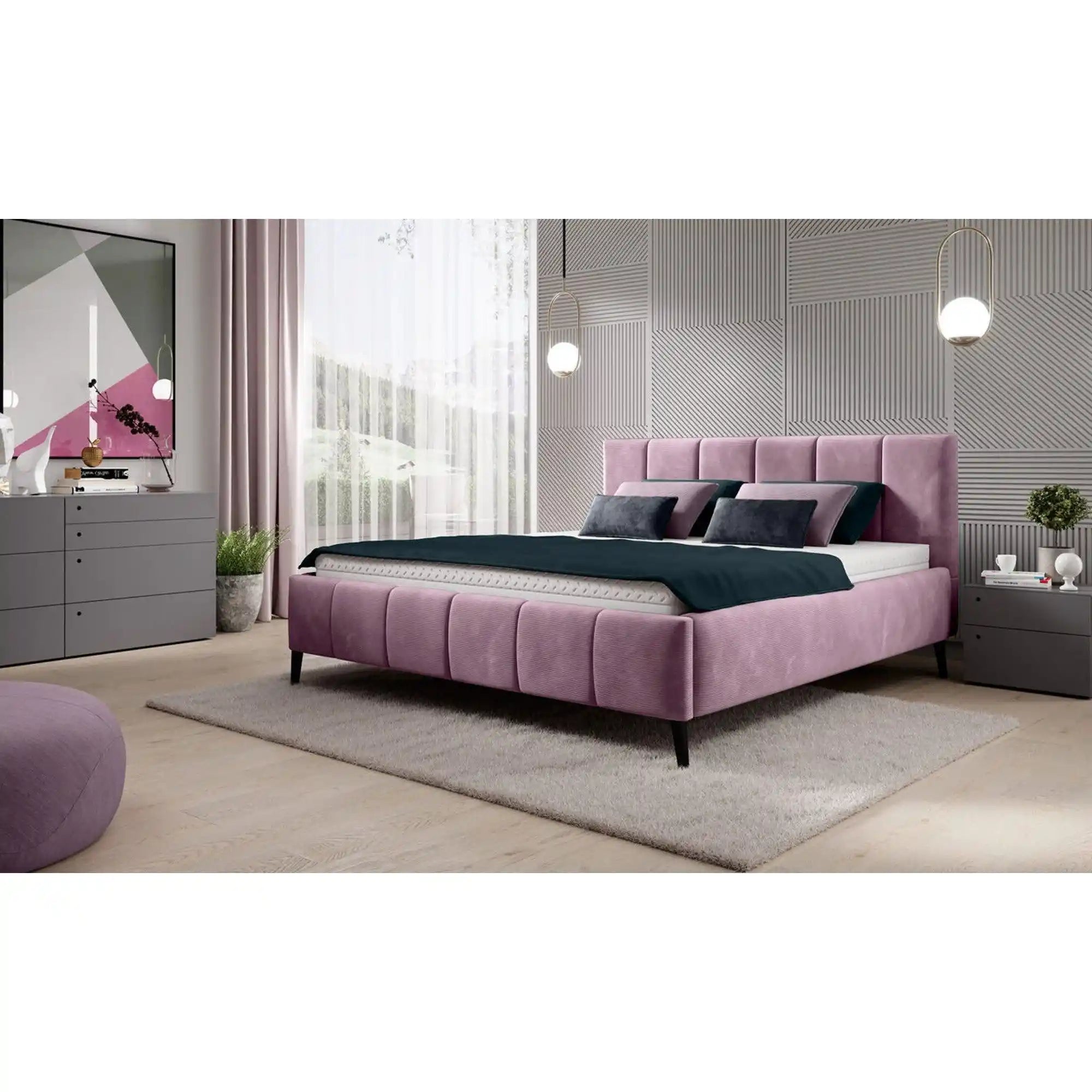 Pat RIVA SR 160x200, stofa catifelata roz - Riviera 62, Gama Premium, cu suport saltea si sistem de reglare