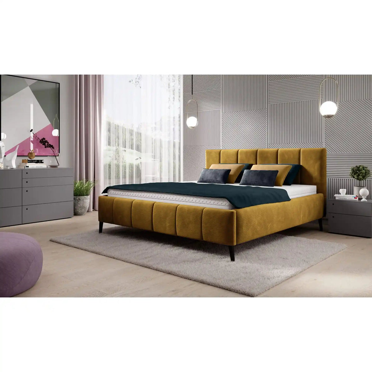 Pat RIVA SR 160x200, stofa galben mustar - Whisper 10, Gama Premium, cu suport saltea si sistem de reglare