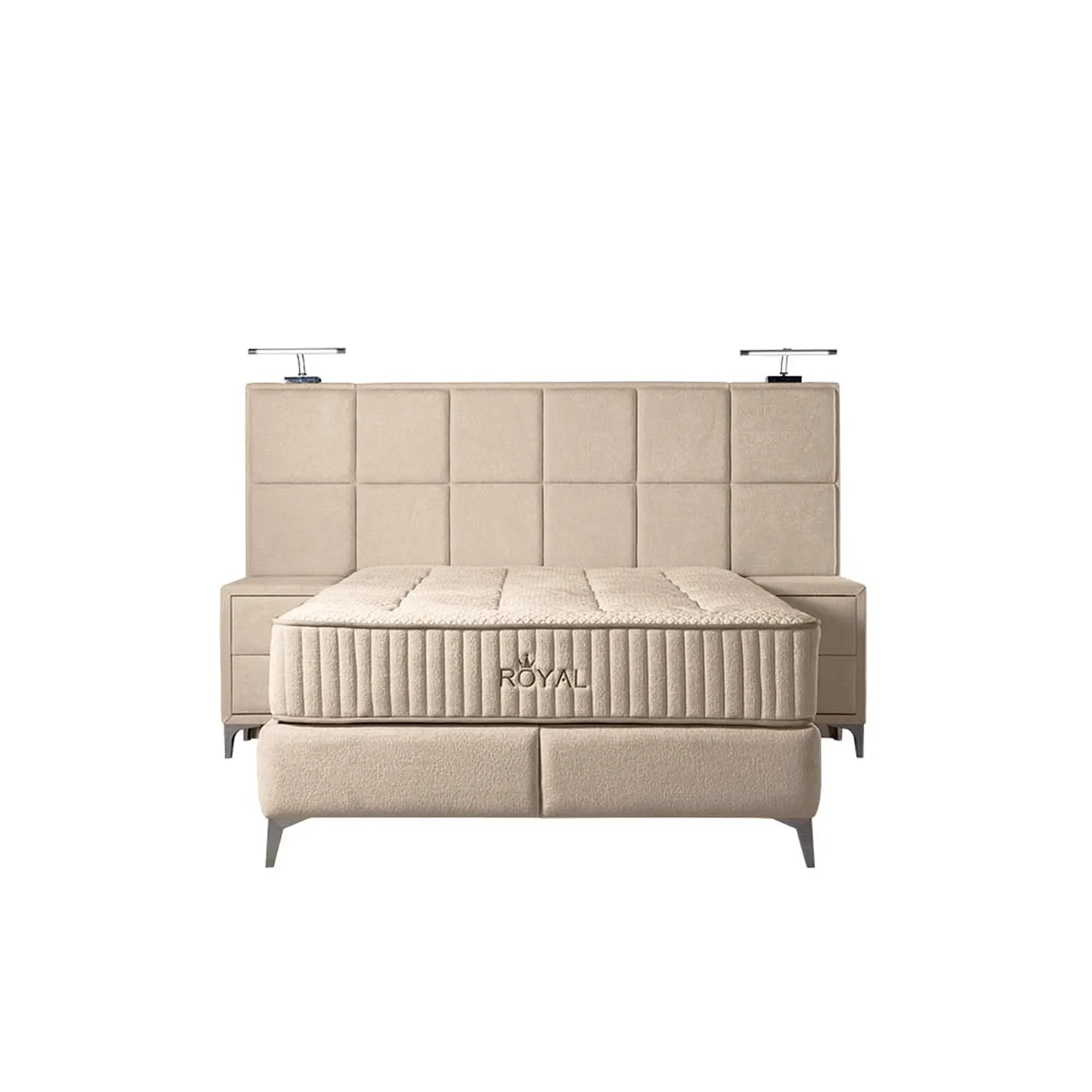 Pat ROYAL 160x200, stofa catifelata crem - Luna 21, cu somiera si spatiu depozitare