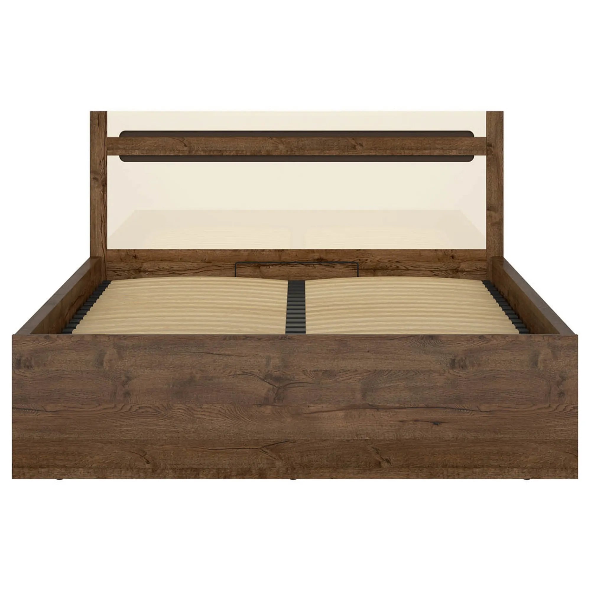 Pat RUSO 140x200, stejar/crem, PAL laminat, cu somiera si lada depozitare