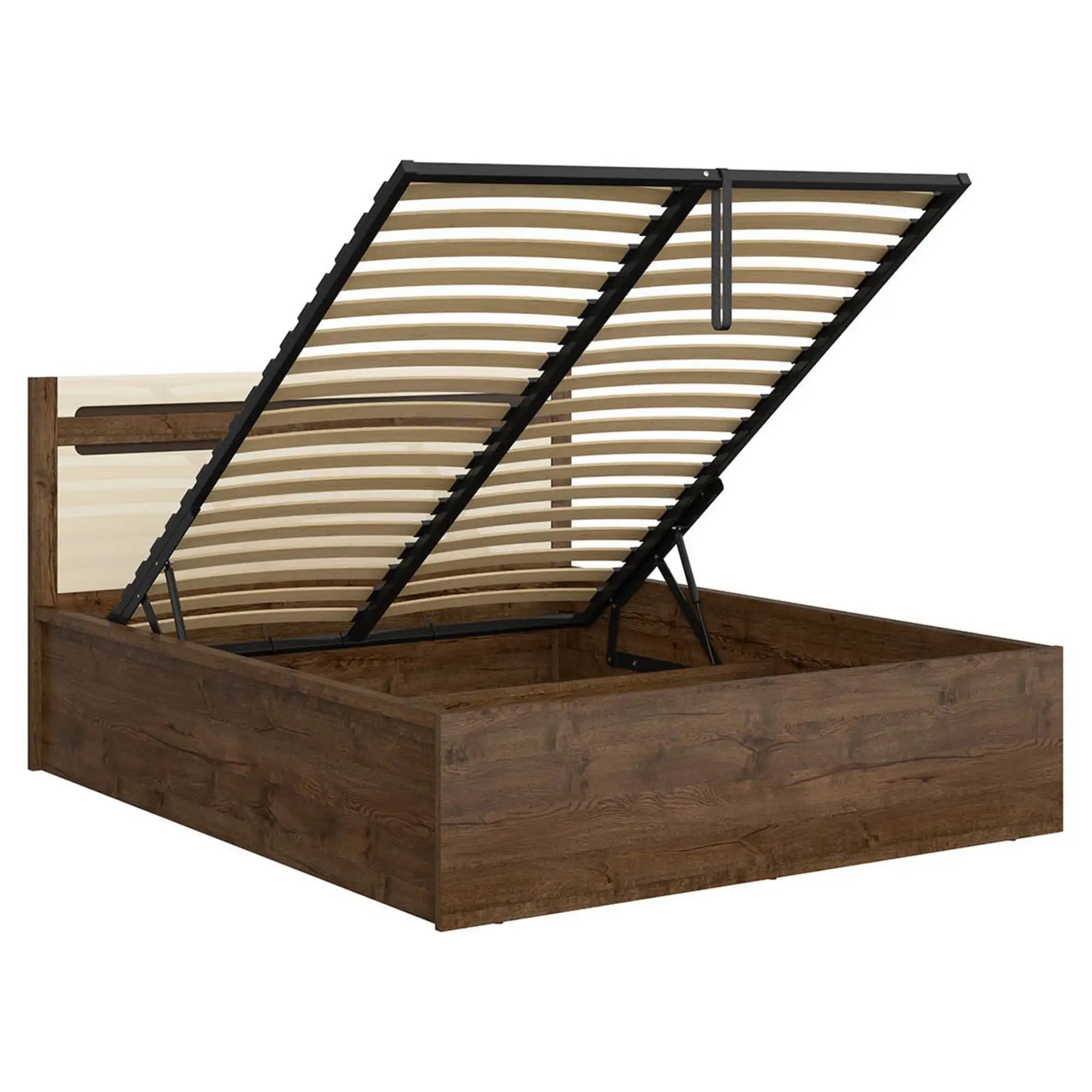 Pat RUSO 140x200, stejar/crem, PAL laminat, cu somiera si lada depozitare