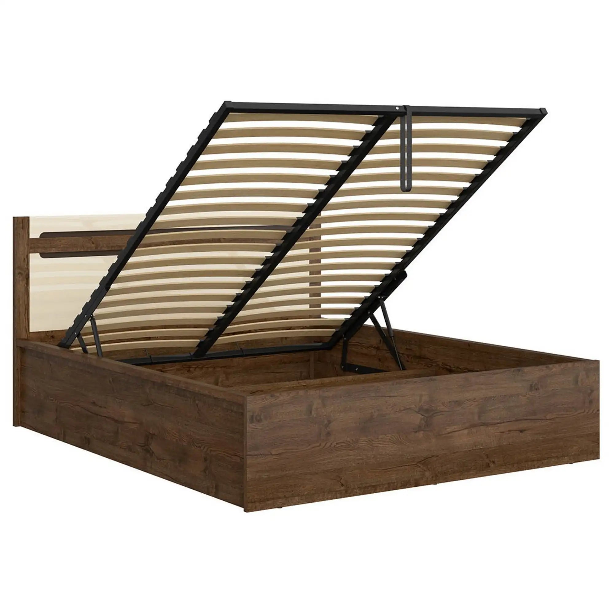 Pat RUSO 160x200, stejar/crem, PAL laminat, cu somiera si lada depozitare