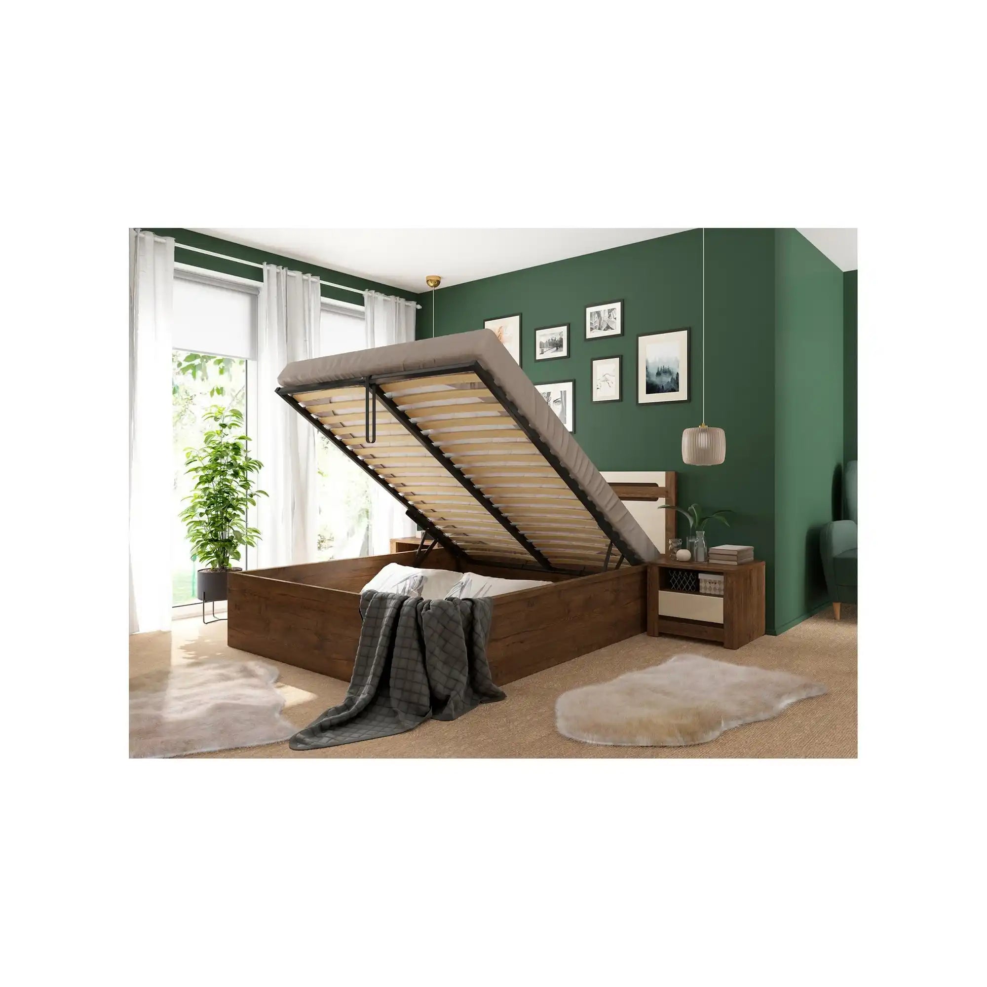 Pat RUSO 160x200, stejar/crem, PAL laminat, cu somiera si lada depozitare