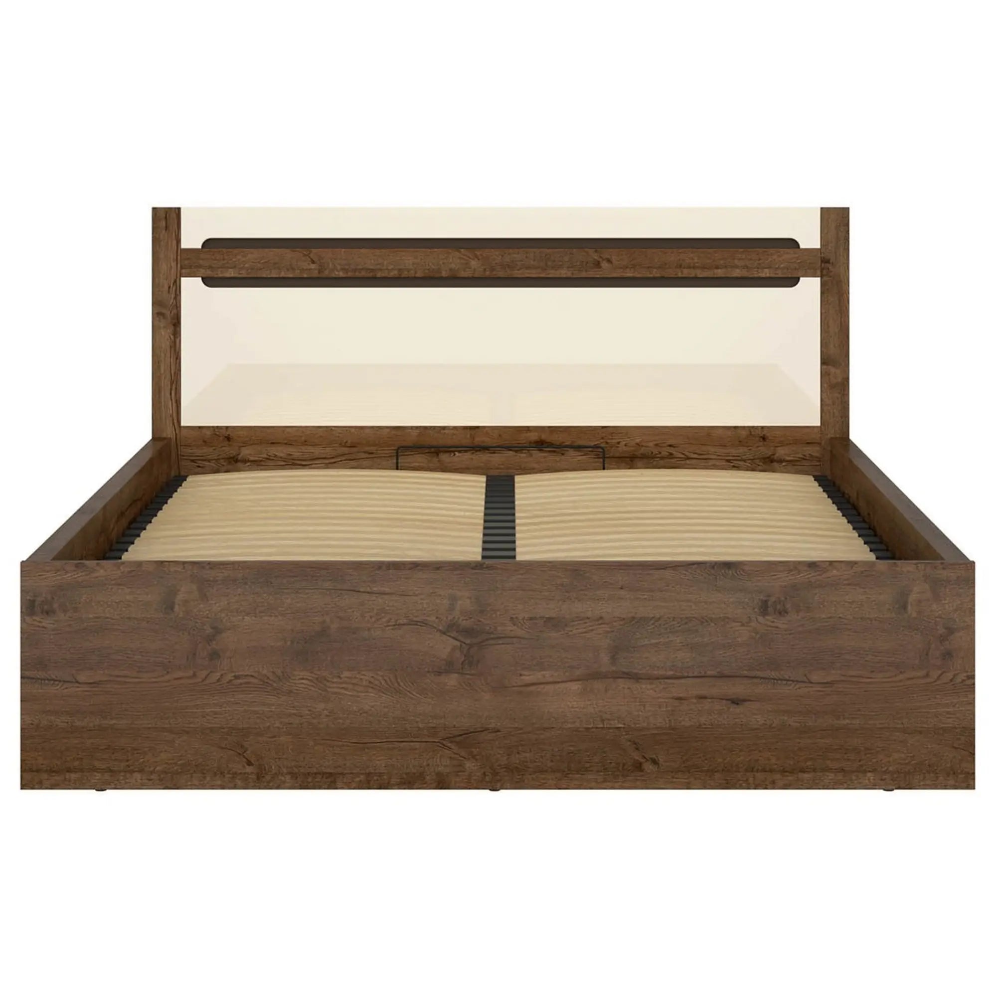 Pat RUSO 160x200, stejar/crem, PAL laminat, cu somiera si lada depozitare