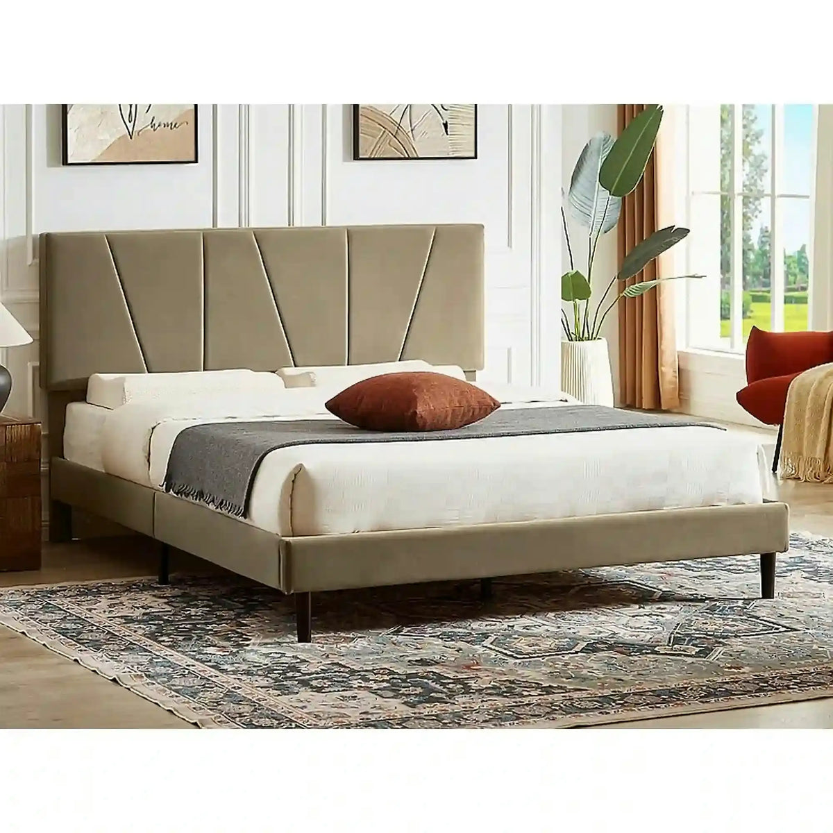 Pat SAVANA 160x200, stofa catifelata bej - Bluvel 28, cu suport saltea