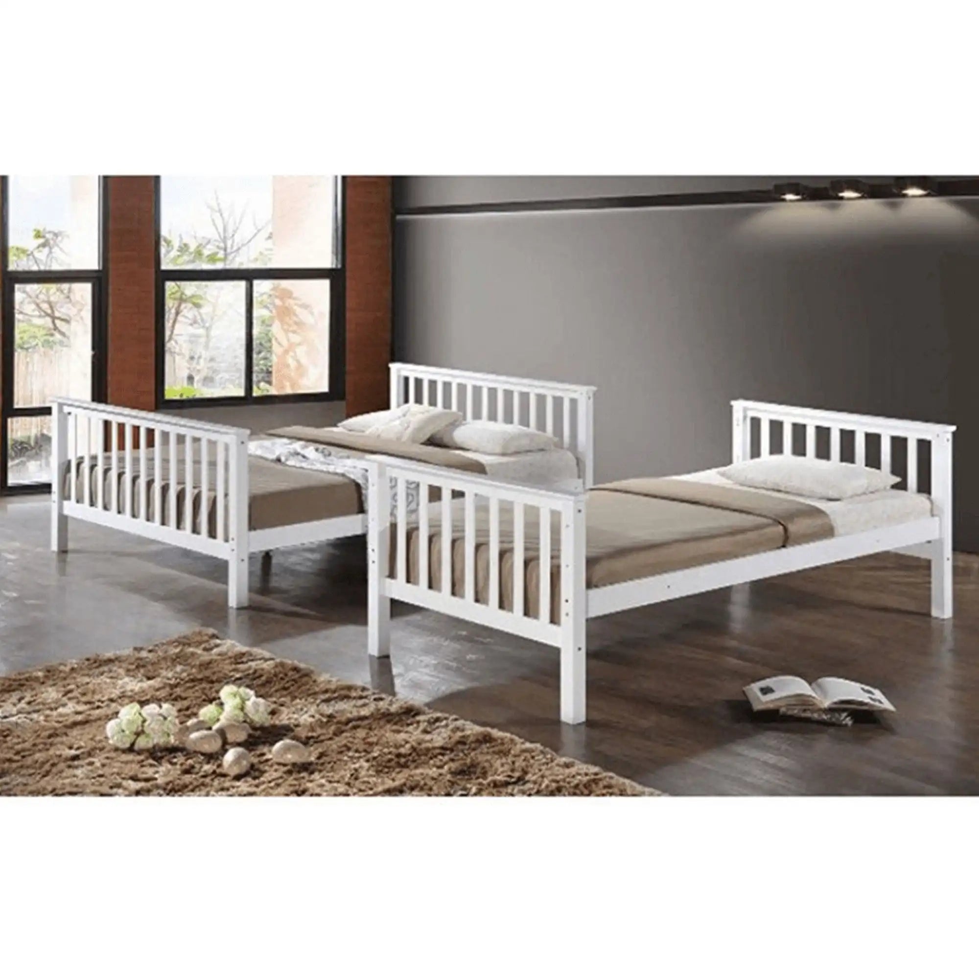 Pat supraetajat BAGIRA 90x200/140x200, alb, lemn, cu somiera