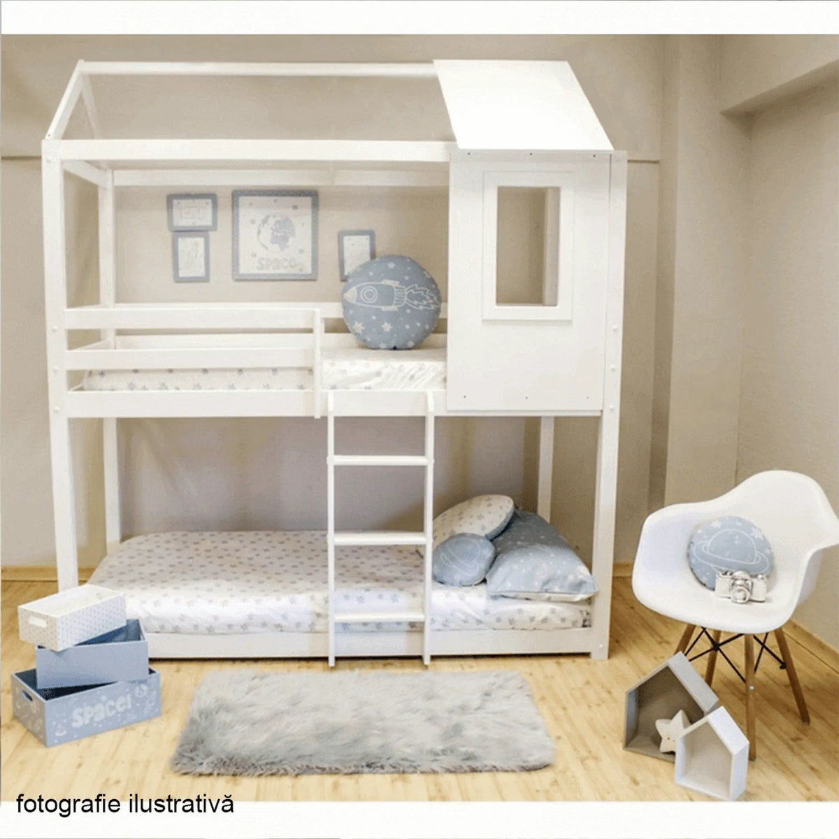 Pat supraetajat Montessori ATRISA 90x200, alb, lemn, cu somiera