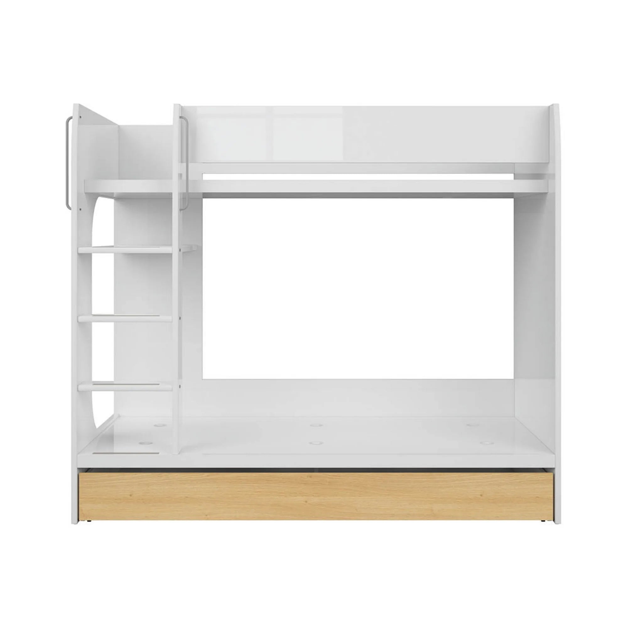 Pat supraetajat NANDU 80x180, alb lucios, cu suport saltea si sertar