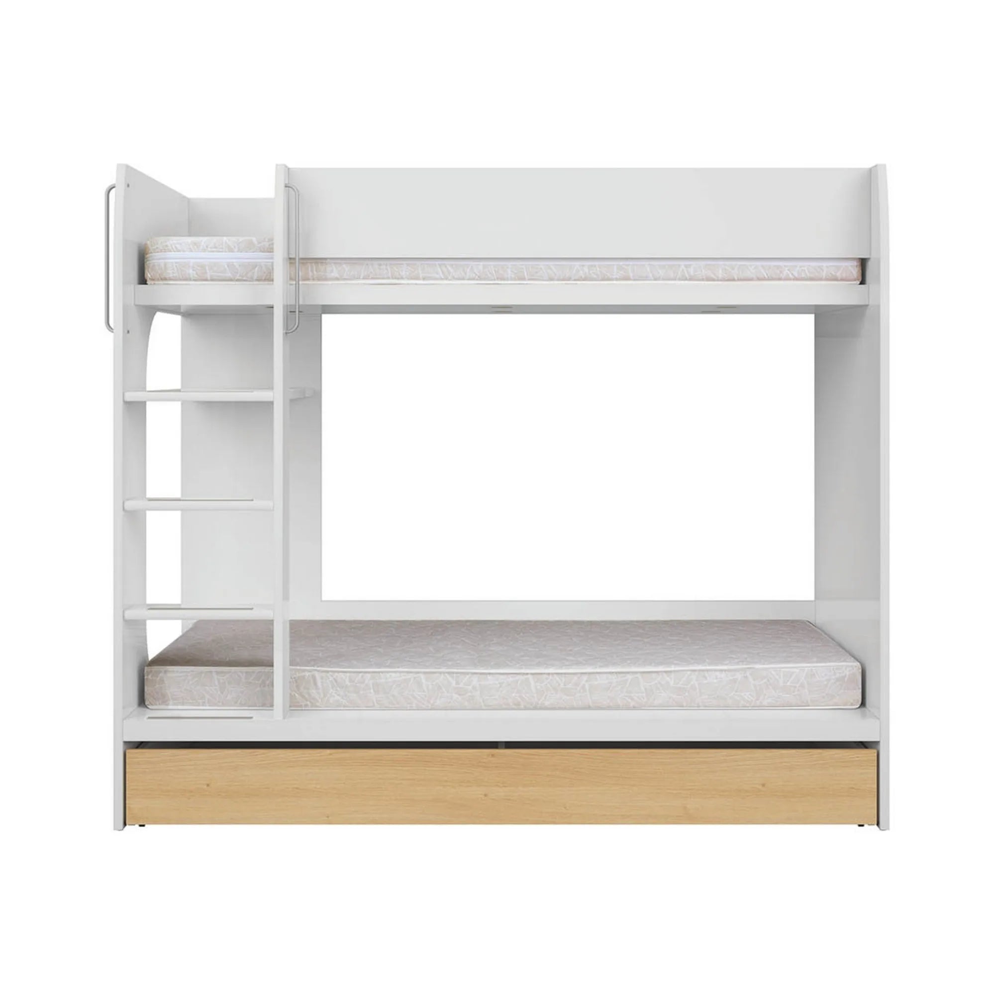 Pat supraetajat NANDU 80x180, alb lucios, cu suport saltea si sertar