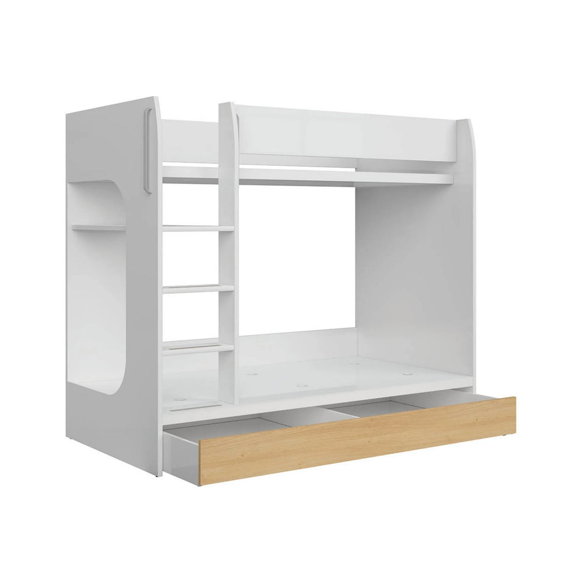 Pat supraetajat NANDU 80x180, alb lucios, cu suport saltea si sertar