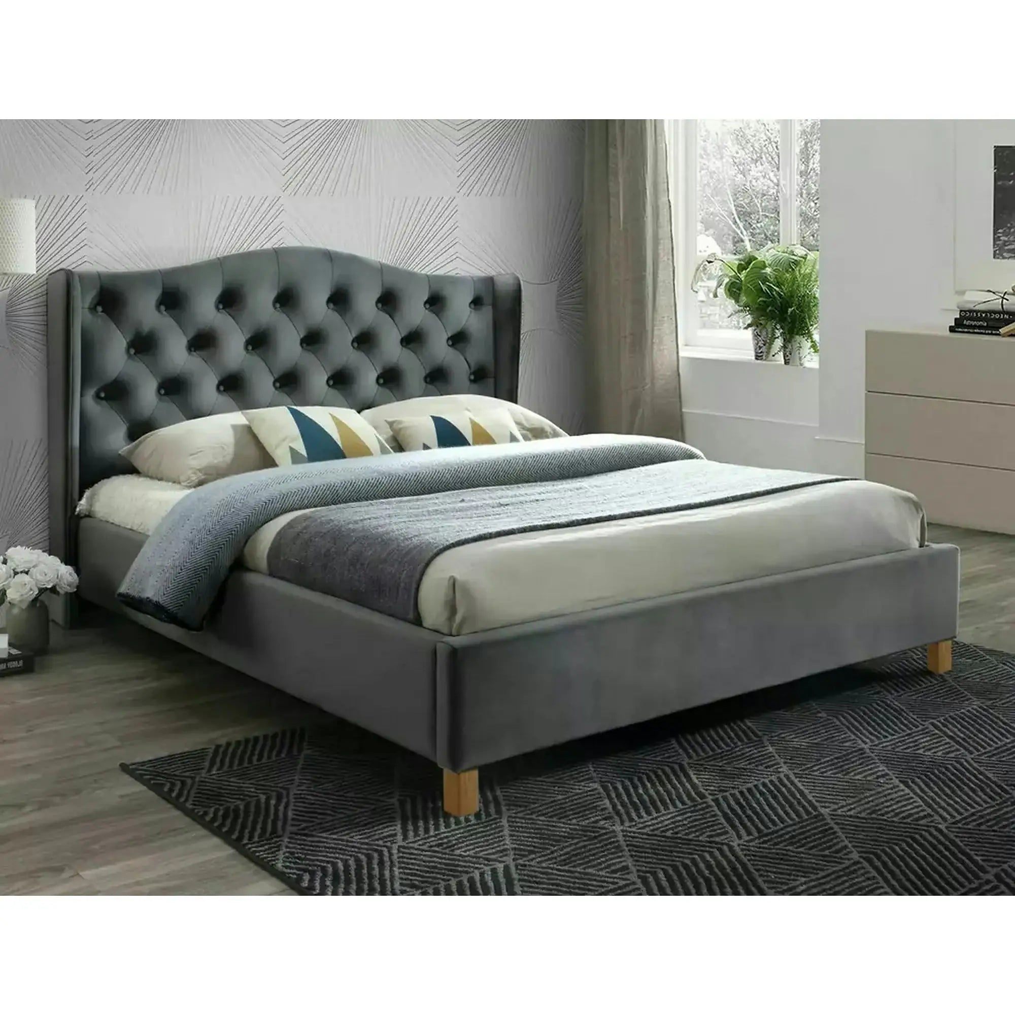 Pat tapitat 160 ASPEN, stofa catifelata gri - BLUVEL 14, cu somiera