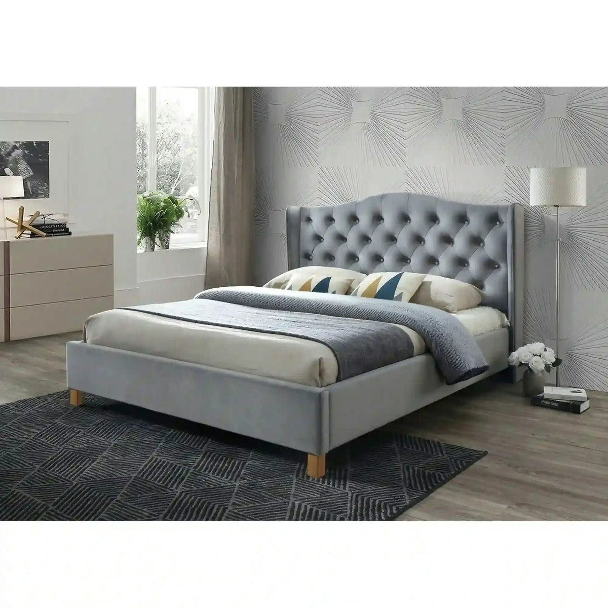 Pat tapitat 160 ASPEN, stofa catifelata gri - BLUVEL 14, cu somiera