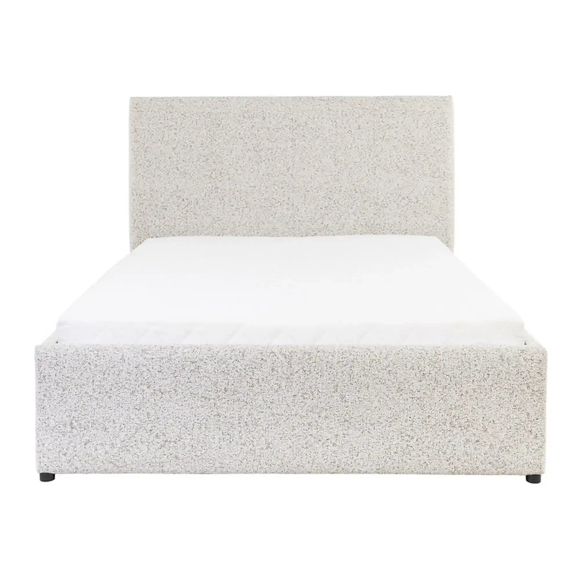 Pat tapitat TRIPO 140x200, stofa clasica bej - Puente 06, cu somiera si spatiu depozitare