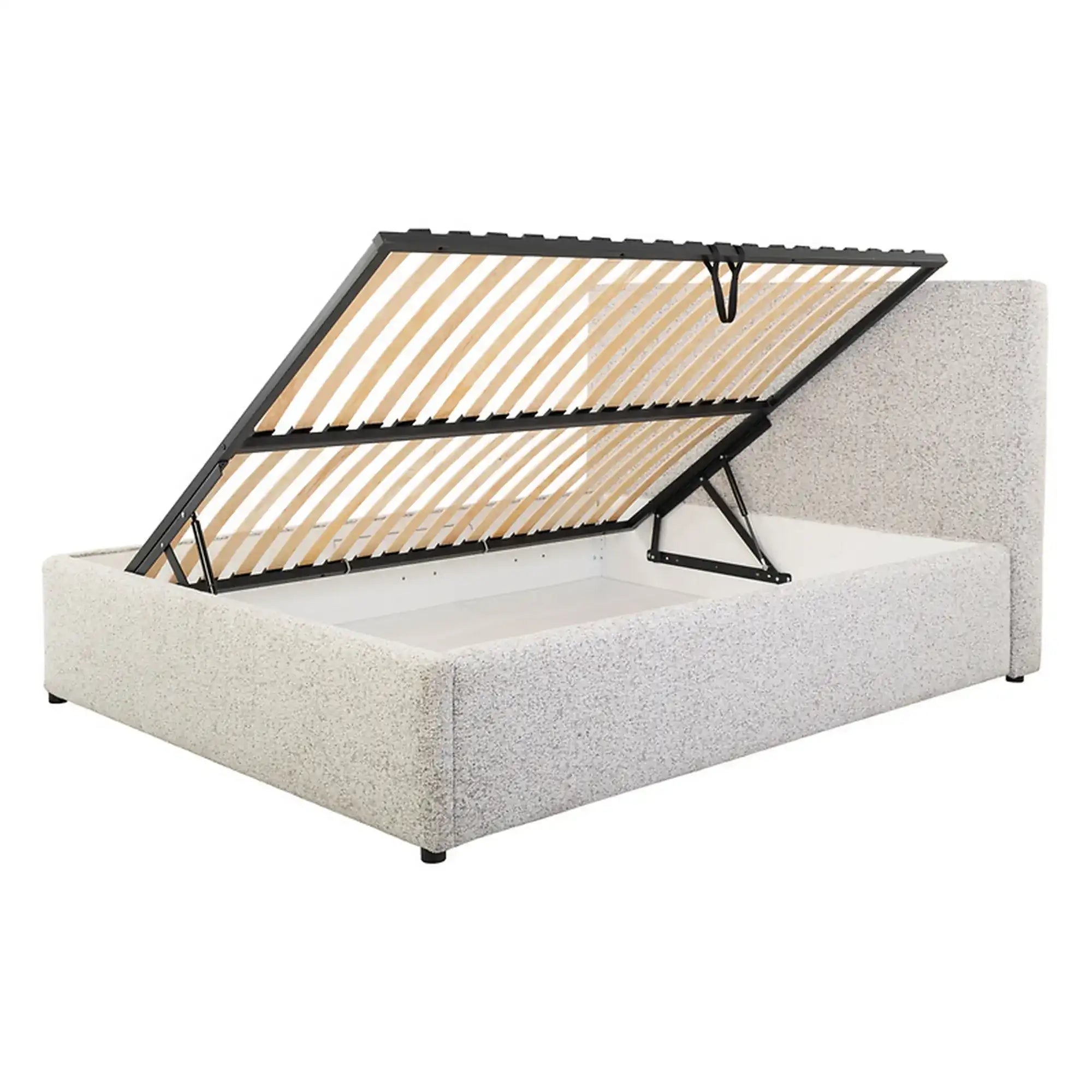 Pat tapitat TRIPO 140x200, stofa clasica bej - Puente 06, cu somiera si spatiu depozitare